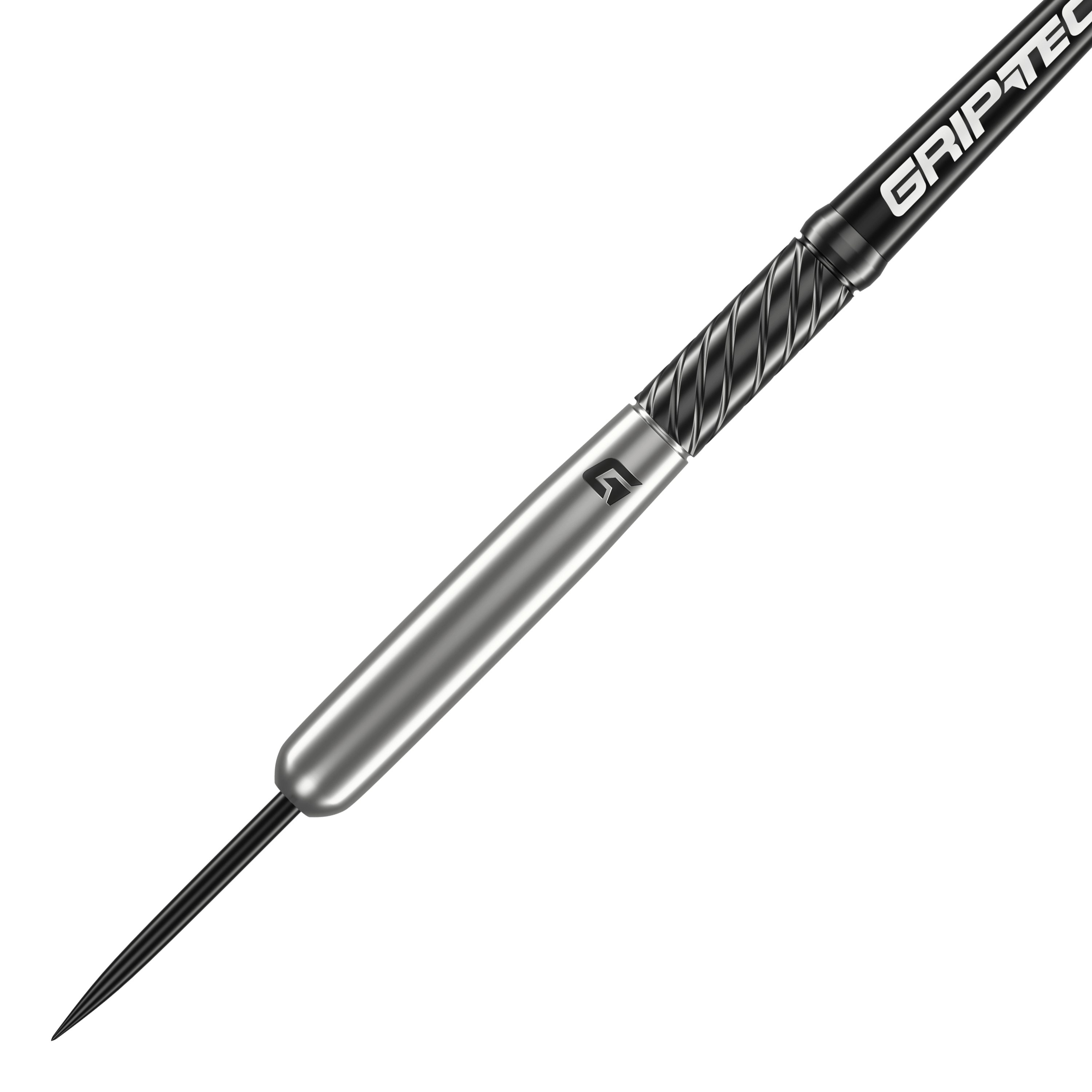 Freccette in acciaio al tungsteno per baseball GOAT Homerun Das Bild zeigt den GOAT Homerun Baseball Tungsten Steeldart. Der Dartpfeil hat ein schlankes, silbernes Design mit schwarzem Griffbereich und der Aufschrift "GRIPTEC".