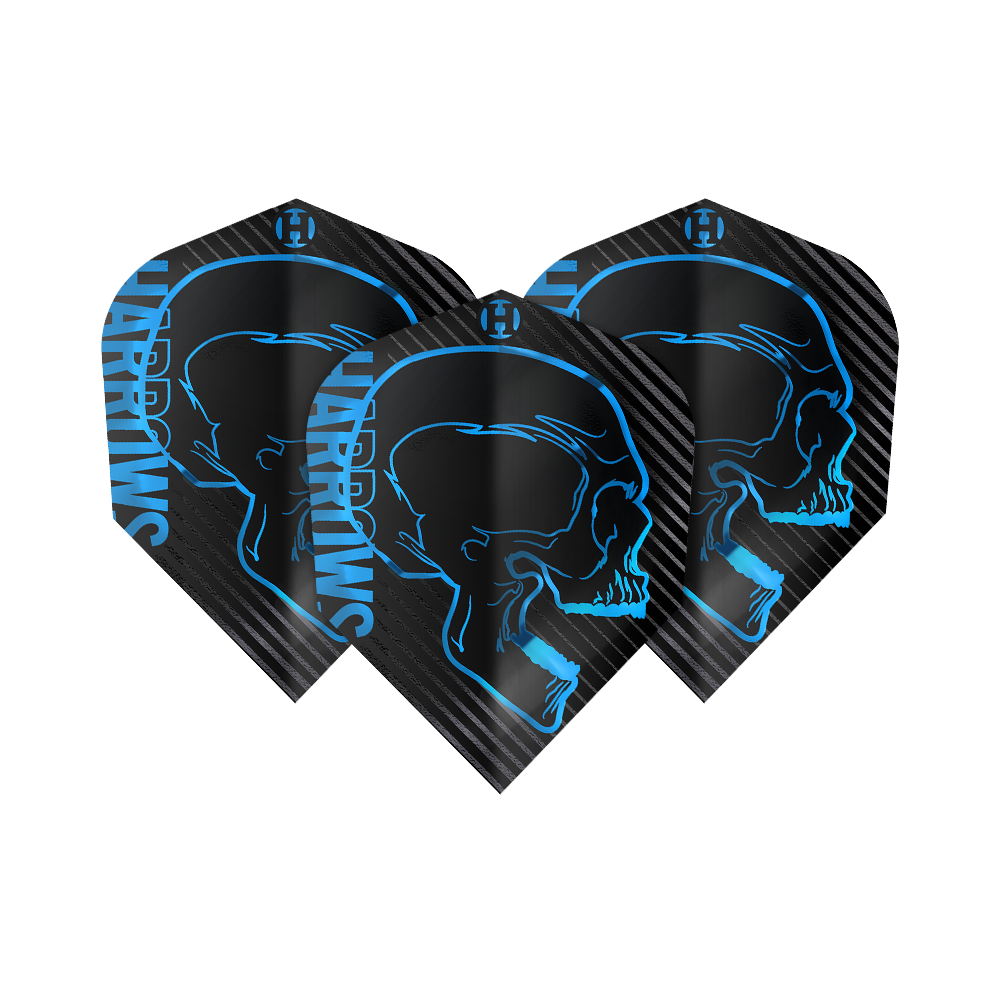 Harrows Rage Aqua n. 6 voli Das Bild zeigt drei schwarze Dart-Flights mit einem blauen Totenkopf-Design und dem Schriftzug "Harrows". Die Flights gehören zum Produkt "Harrows Rage Aqua No6".