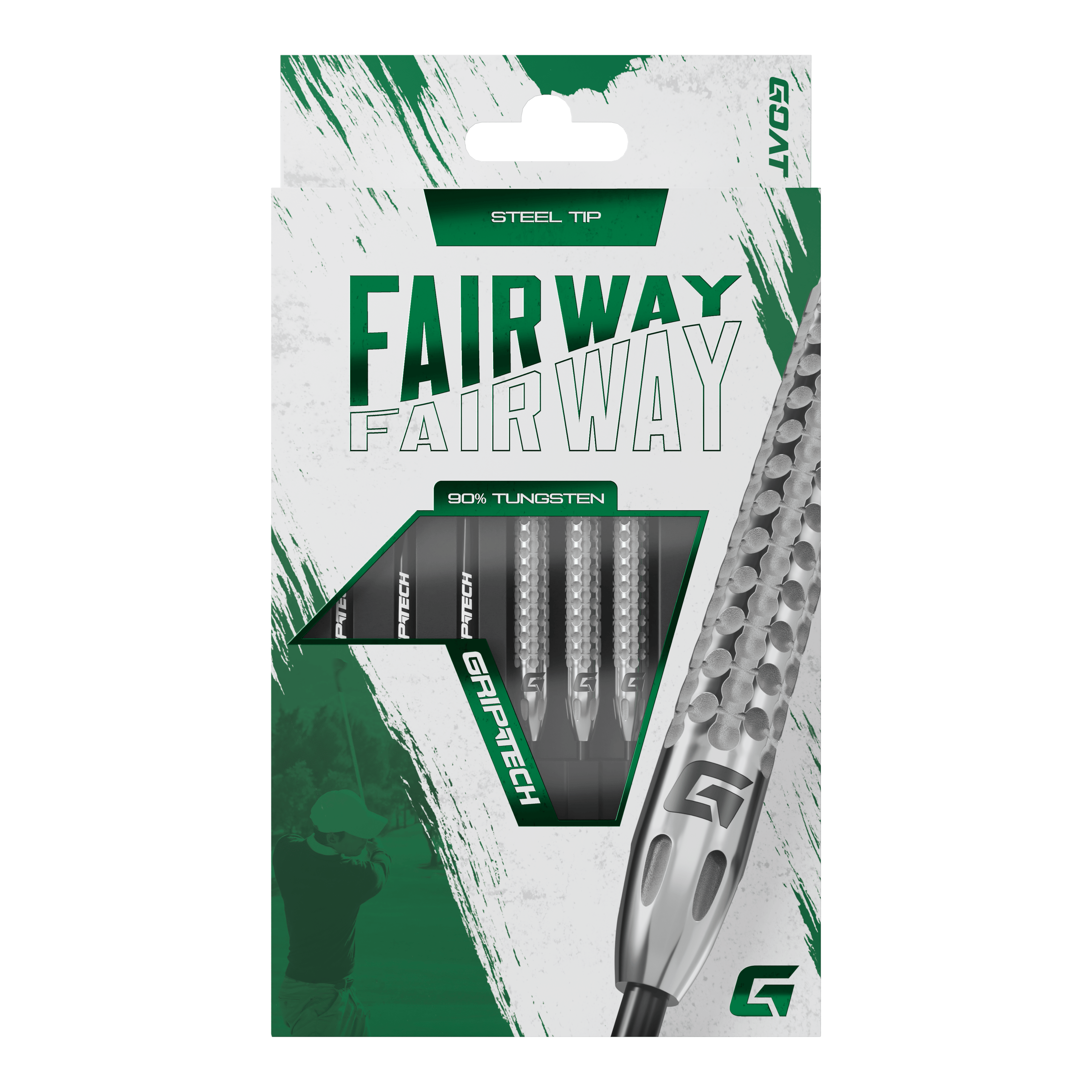 Freccette in acciaio al tungsteno GOAT Fairway V2 Die Abbildung zeigt die Verpackung der GOAT Fairway V2 Tungsten Steeldarts. Die Darts bestehen zu 90 % aus Tungsten und haben eine Stahspitze.