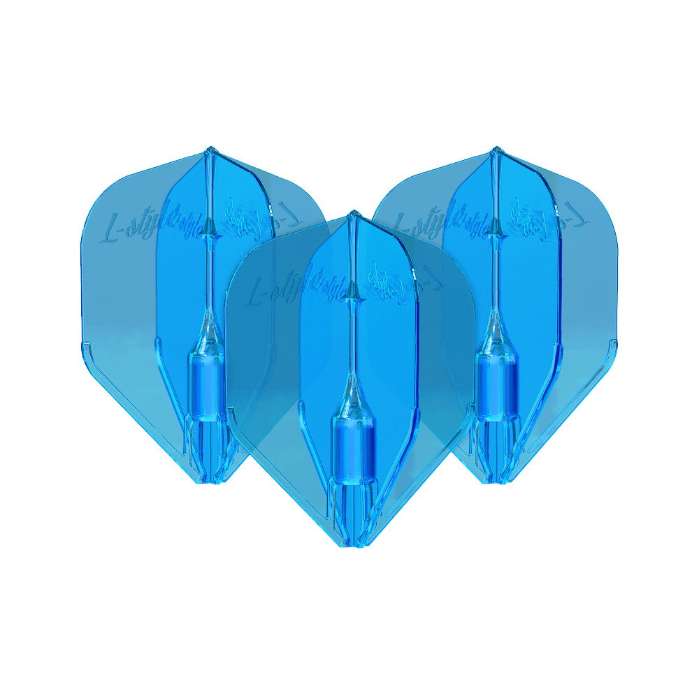 Alette Fantom L3EZ stile L blu Das Bild zeigt drei blaue L-Style Fantom L3EZ Flights für Dartpfeile. Sie sind nebeneinander angeordnet und haben eine glänzende Oberfläche.