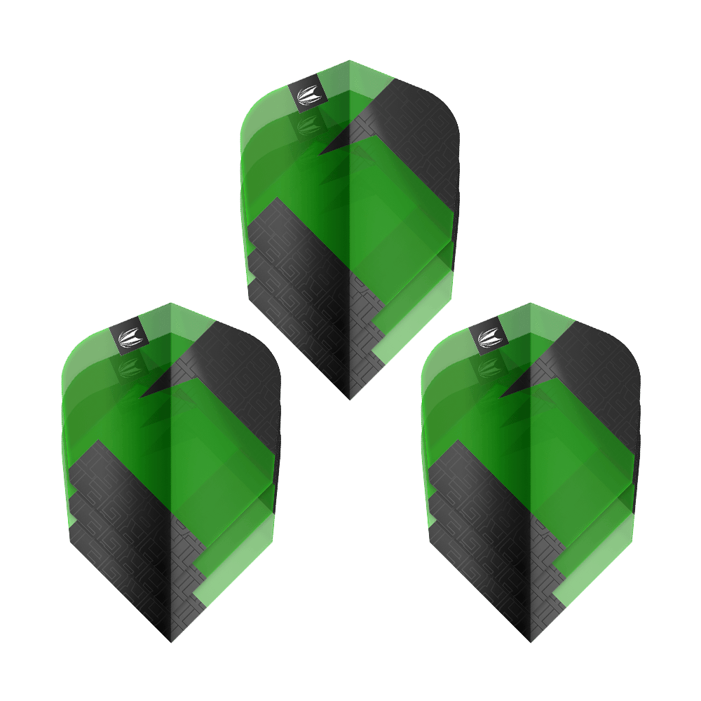 Target Pro Ultra TAG Green Ten-X Standard Flights - 3 set Das Bild zeigt drei grüne und schwarze Dart-Flights des Produkts "Target Pro Ultra TAG Grün Ten-X Standard". Die Flights haben ein auffälliges geometrisches Muster und das Target-Logo oben.
