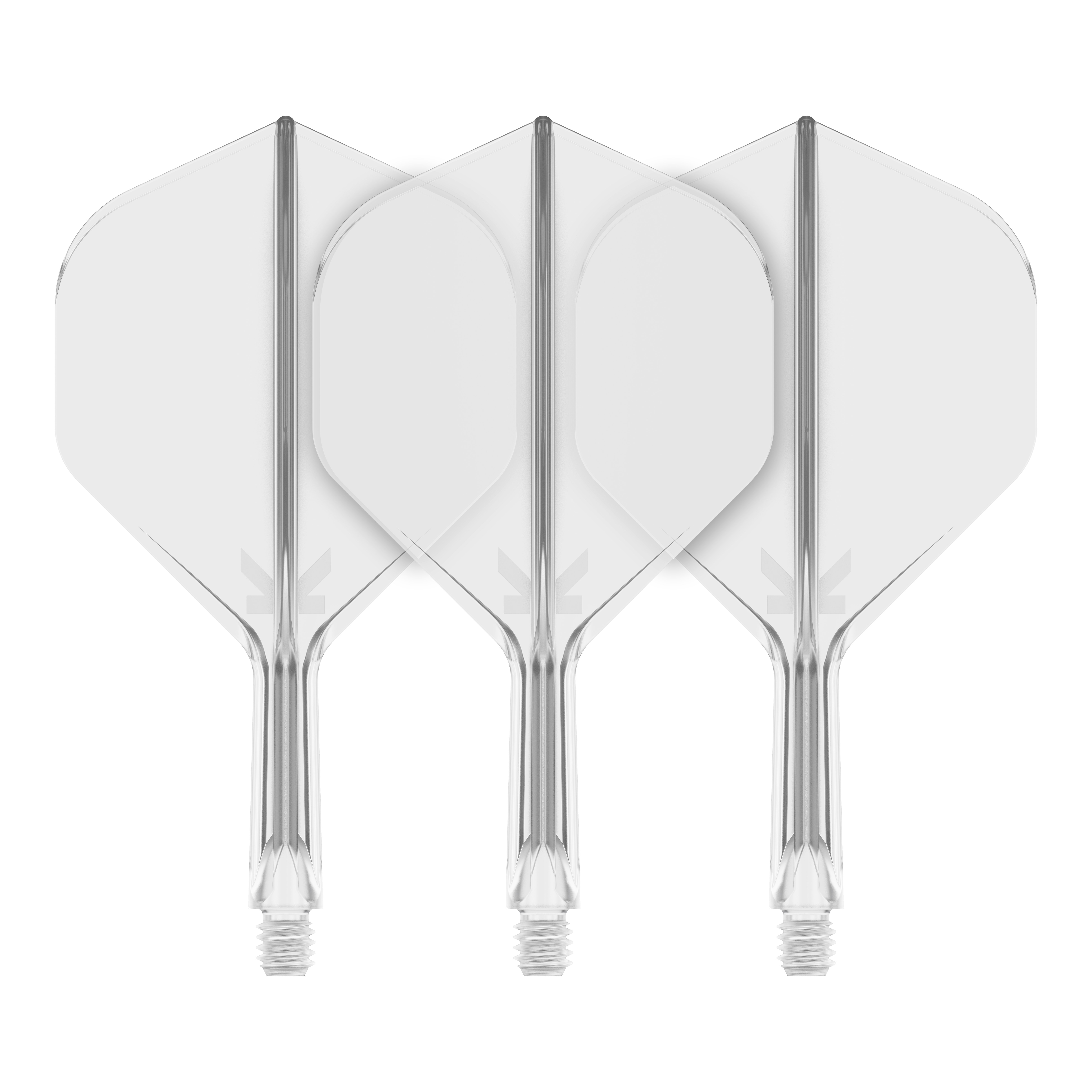 Target K-Flex No2 Standard Flight System - Trasparente Auf dem Bild sind drei transparente Dart-Flights mit Standardform zu sehen. Sie sind nebeneinander angeordnet und haben klare, glatte Kanten.