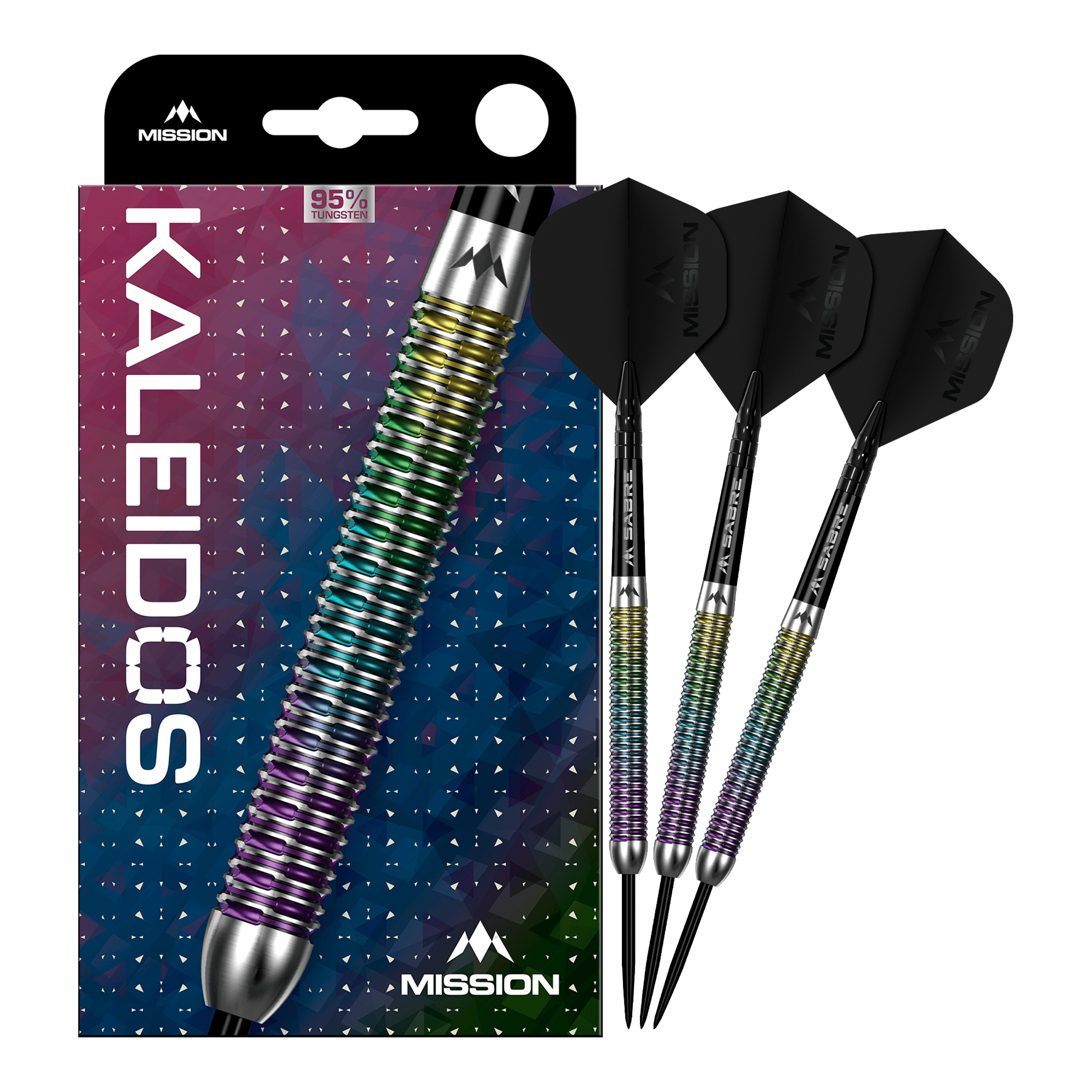 Missione Kaleidos Steeldarts Das Produkt Mission Kaleidos Steeldarts ist vollständig dargestellt. Die Abbildung ermöglicht einen Überblick über das komplette Dart-Set.
