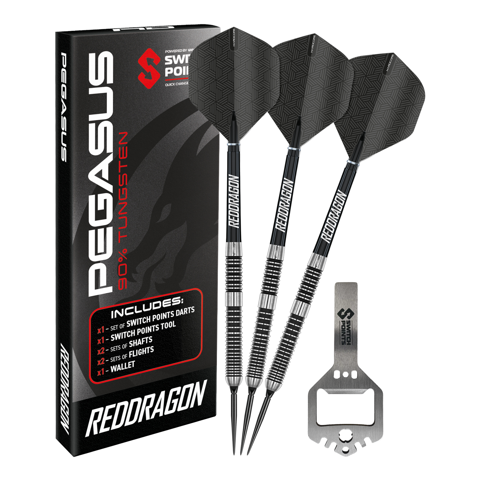 Abgebildet sind Red Dragon Pegasus Switch Point Steeldarts. Diese Darts sind robust und für verschiedene Spielniveaus geeignet.