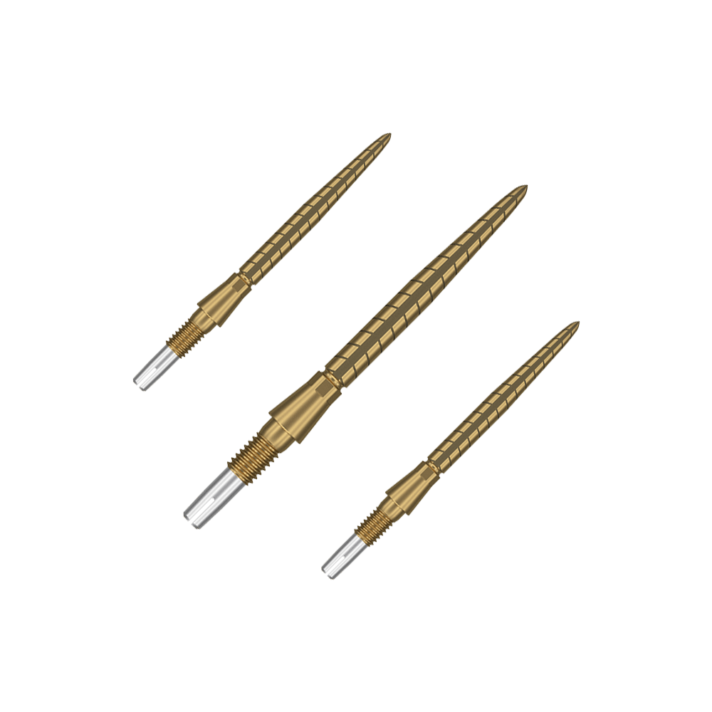 Punte per freccette Target Swiss Storm Quartz - Oro Auf dem Bild sind drei goldfarbene Dartspitzen zu sehen. Sie sind schlank, haben ein geriffeltes Design und haben vorne eine silberne Spitze.