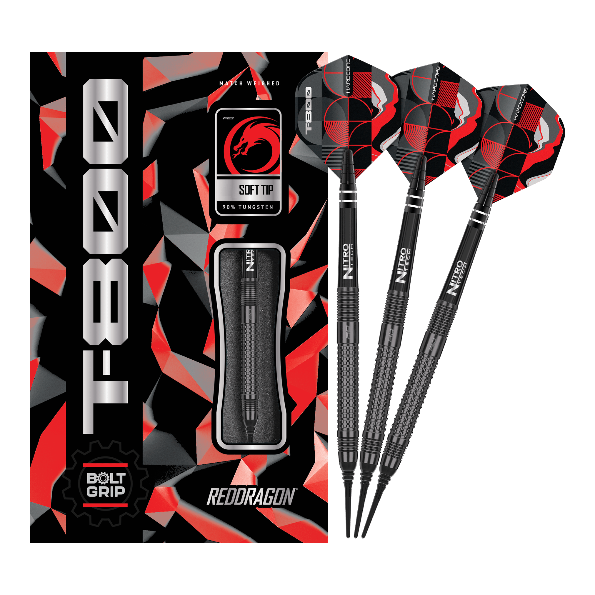 Freccette morbide Red Dragon T-800 - 20 g Das Bild zeigt die Red Dragon T-800 Softdarts mit 20g Gewicht in einer schwarzen und roten Verpackung. Drei schwarze Softdarts mit roten und schwarzen Flights sind neben der Verpackung abgebildet.