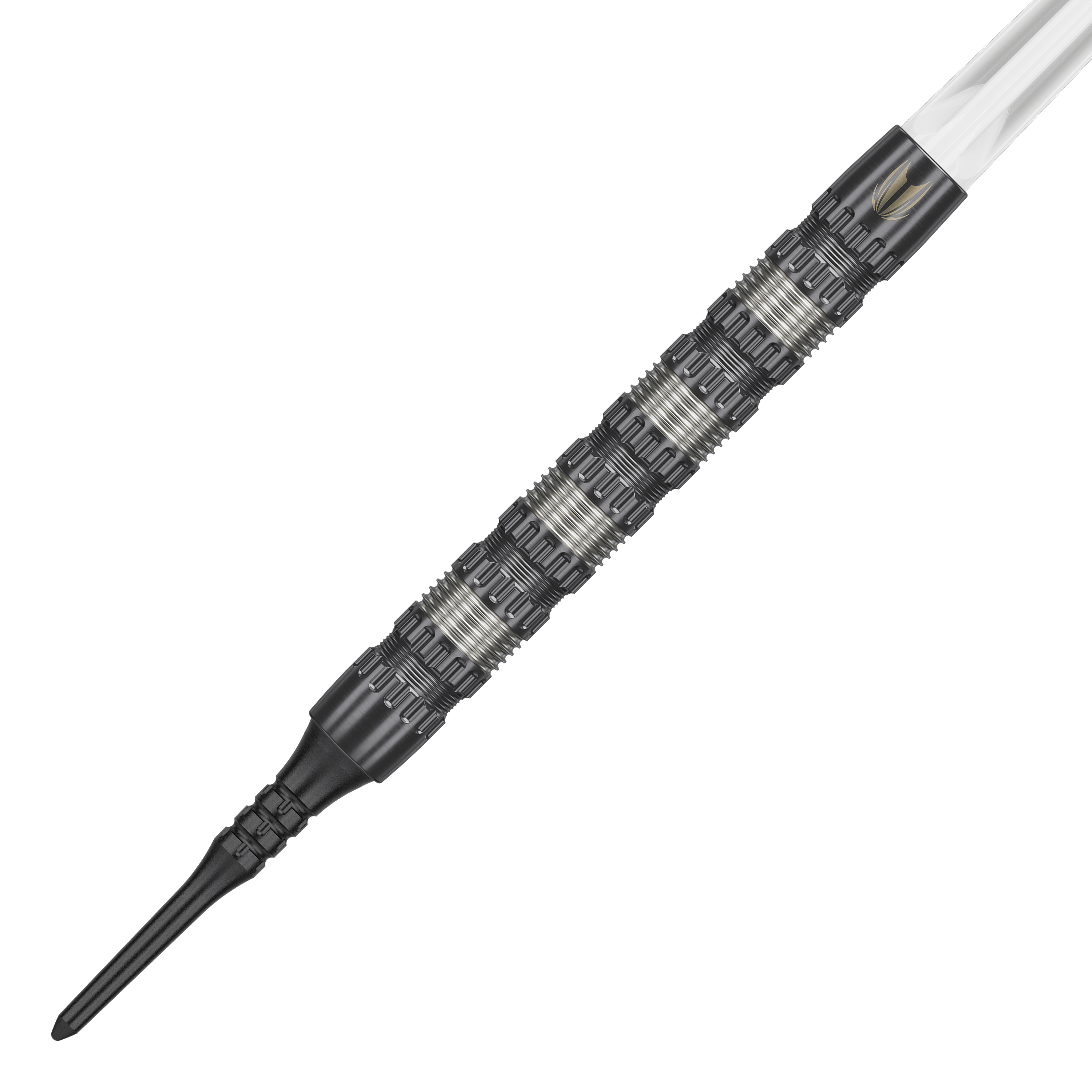 Freccette morbide Target Rob Cross 95K Swiss Point - 18 g Das Bild zeigt einen Target Rob Cross 95K Swiss Point Softdart mit einem Gewicht von 18 Gramm. Der Dartpfeil hat ein markantes, silber-schwarzes Griffdesign und eine schwarze Softspitze.