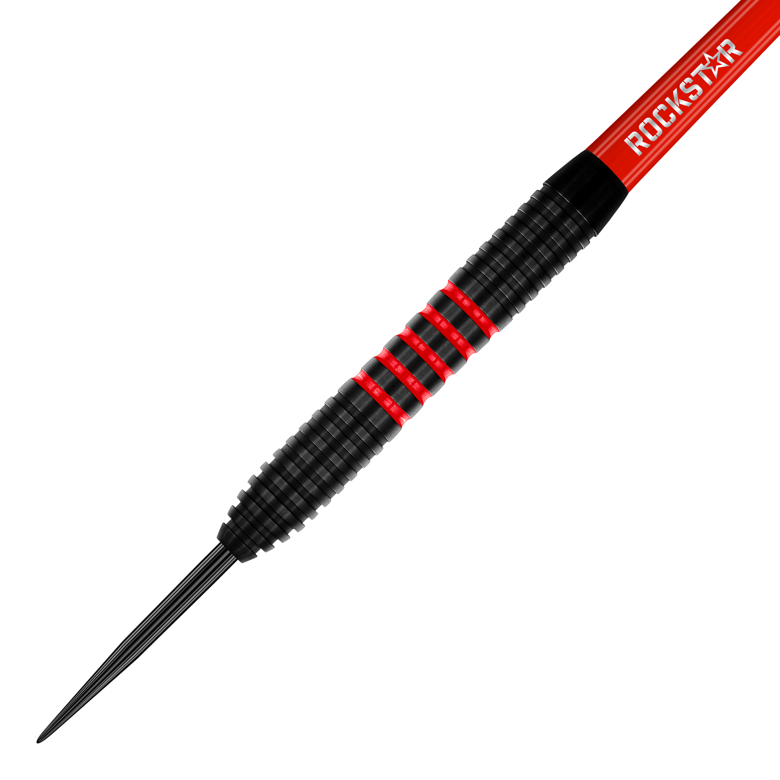 Freccette in acciaio Winmau Joe Cullen in ottone - 20 g Das Bild zeigt einen Winmau Joe Cullen Brass Steeldart mit einem Gewicht von 20g. Der Dart ist überwiegend schwarz mit roten Ringen und dem Schriftzug "ROCKSTAR" auf dem Schaft.