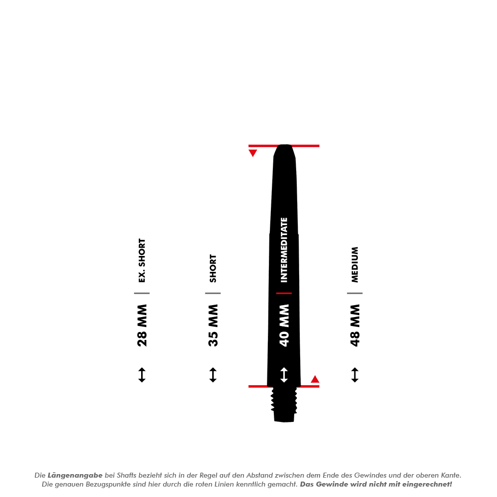 565_Nylon_Shafts_5_40mmlDvdXra0FsqIE Das Bild zeigt verschiedene Längenoptionen der Nylon Shafts "Schneeweiß", von Ex. Short (28 mm) bis Medium (48 mm). Die Längenangabe bezieht sich auf den Abstand zwischen dem Ende des Gewindes und der oberen Kante und schließt das Gewinde nicht ein.