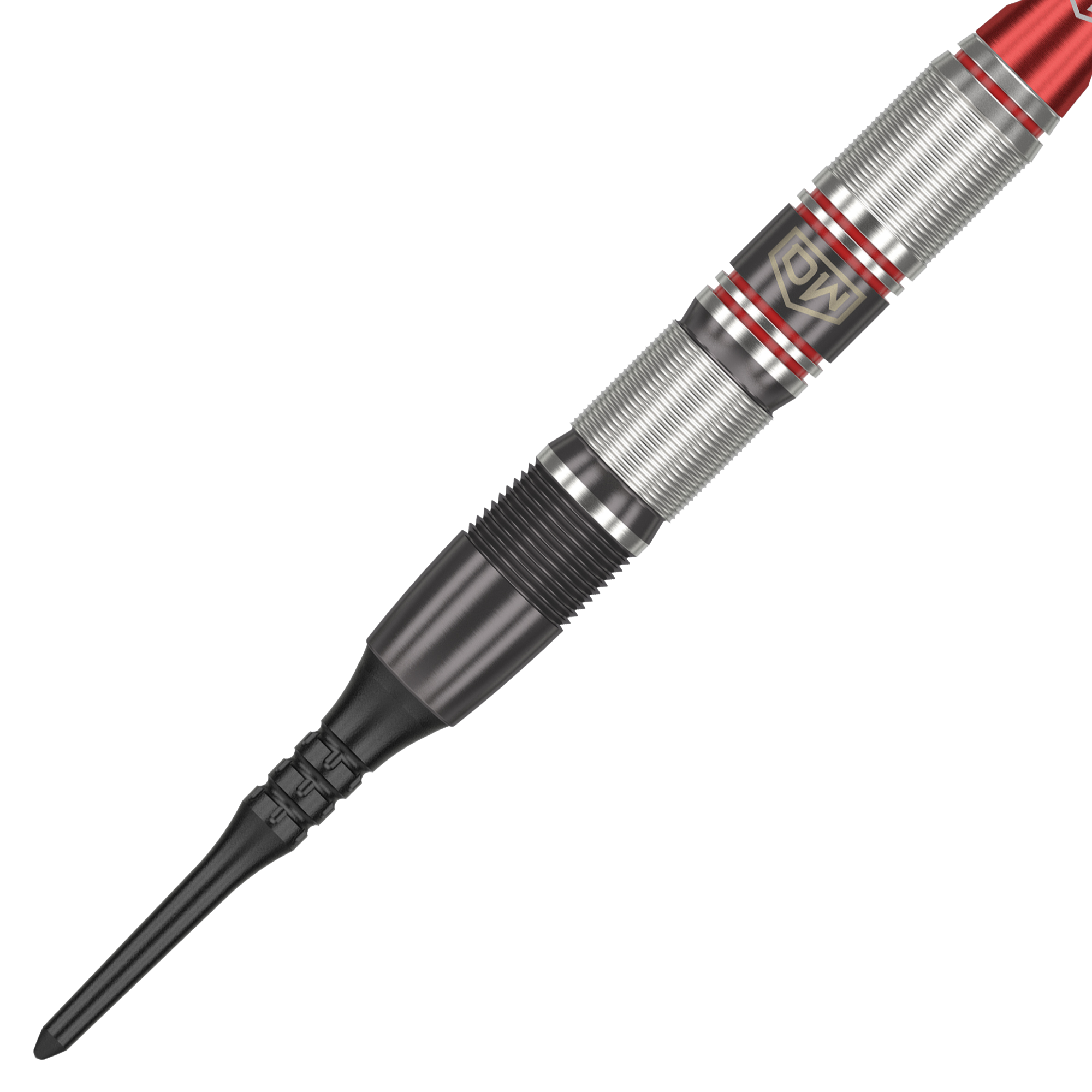 Freccette morbide DW Piranha Razor 02 Das Bild zeigt einen DW Piranha Razor 02 Softdart mit einer schwarzen Spitze und silbernem, rot akzentuiertem Griff. Das Design wirkt hochwertig und sorgt für guten Halt beim Werfen.