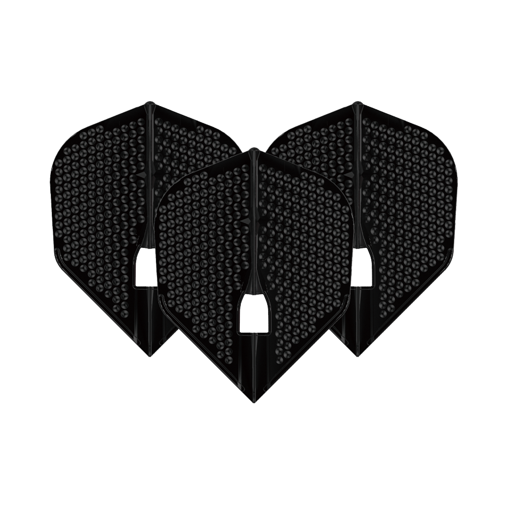 Alette stile L Dimple Champagne L3PRO Shape Das Bild zeigt drei schwarze L-Style Flights Dimple Champagne L3PRO Shape. Sie haben eine strukturierte Oberfläche mit kleinen runden Vertiefungen.