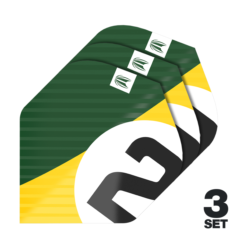 Target Pro Ultra Chicane Green No2 Standard Flights - 3 set Das Bild zeigt drei Sets der Target Pro Ultra Chicane Green No2 Standard Flights. Die Flights sind grün mit gelben und weißen Akzenten sowie einer großen schwarzen „2“ bedruckt.