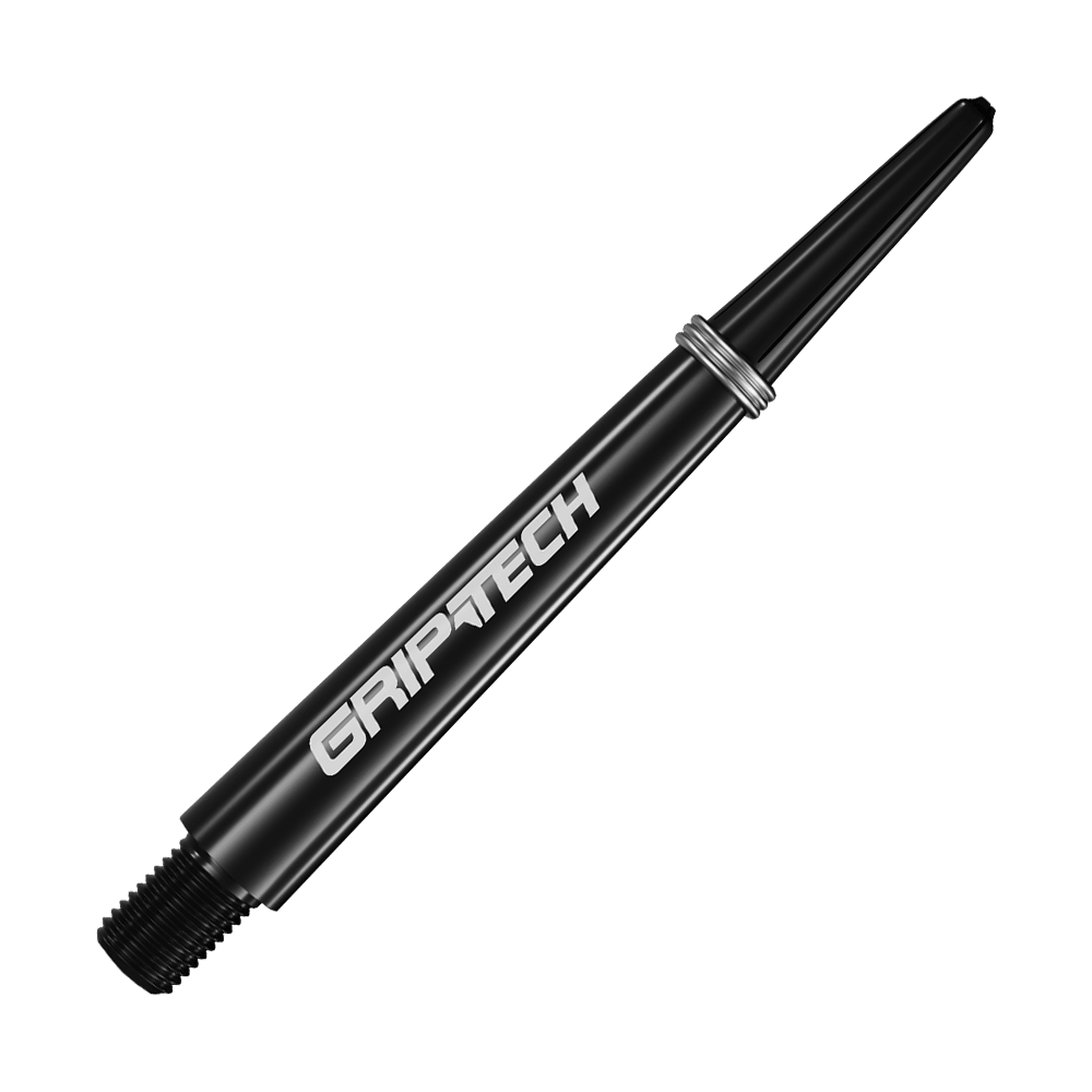Alberi GOAT Griptech - Neri Auf dem Bild ist ein schwarzer Dart-Schaft mit der Aufschrift "GRIPTECH" zu sehen. Der Schaft ist schlank und hat silberne Ringe in der Nähe des oberen Endes.