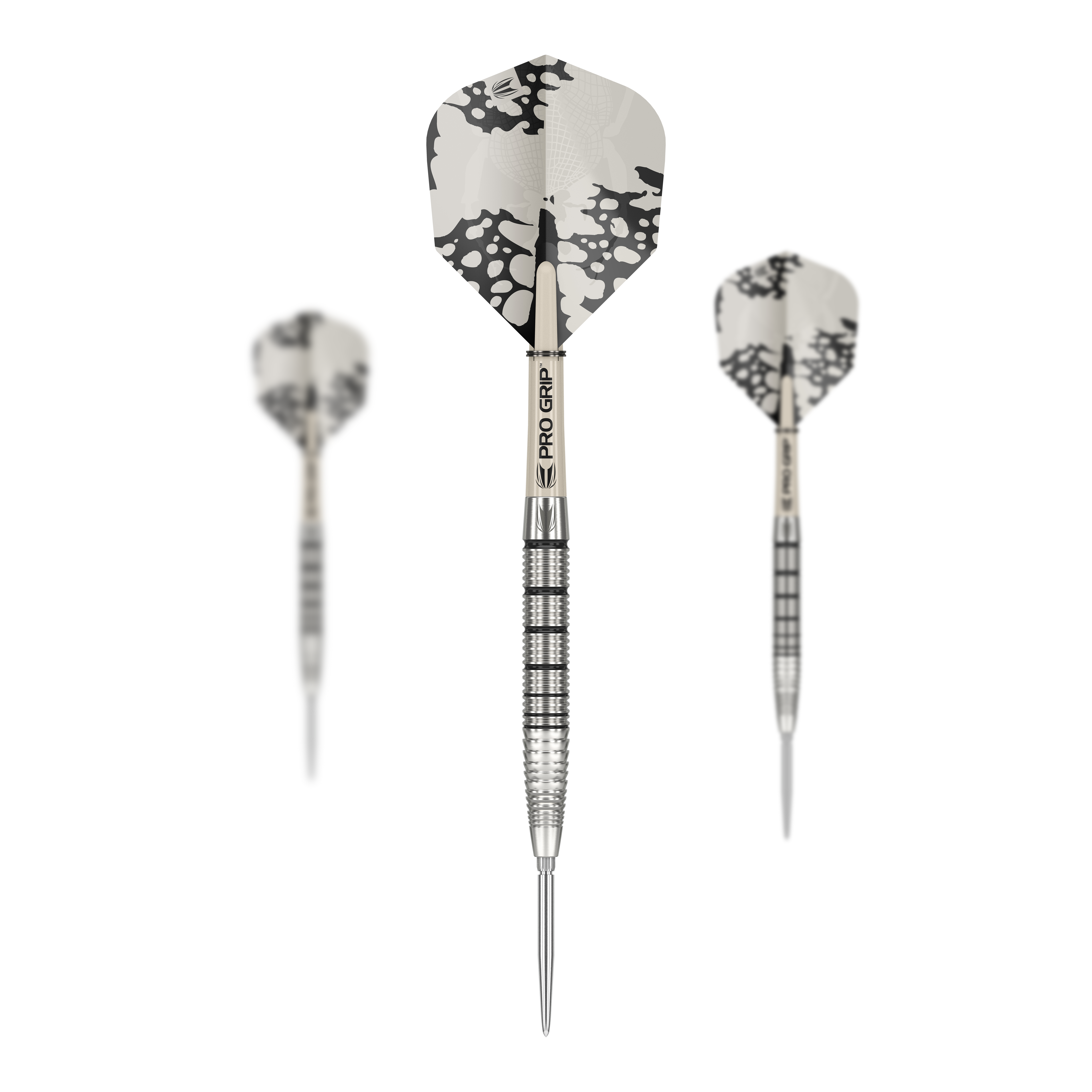 Freccette in acciaio Target EXO SP02 Swiss Point Das Bild zeigt drei Target EXO SP02 Swiss Point Steeldarts mit modernen, silbernen Flights. Die Darts haben einen geriffelten Griff und sind mit dem Schriftzug "PRO GRIP" versehen.