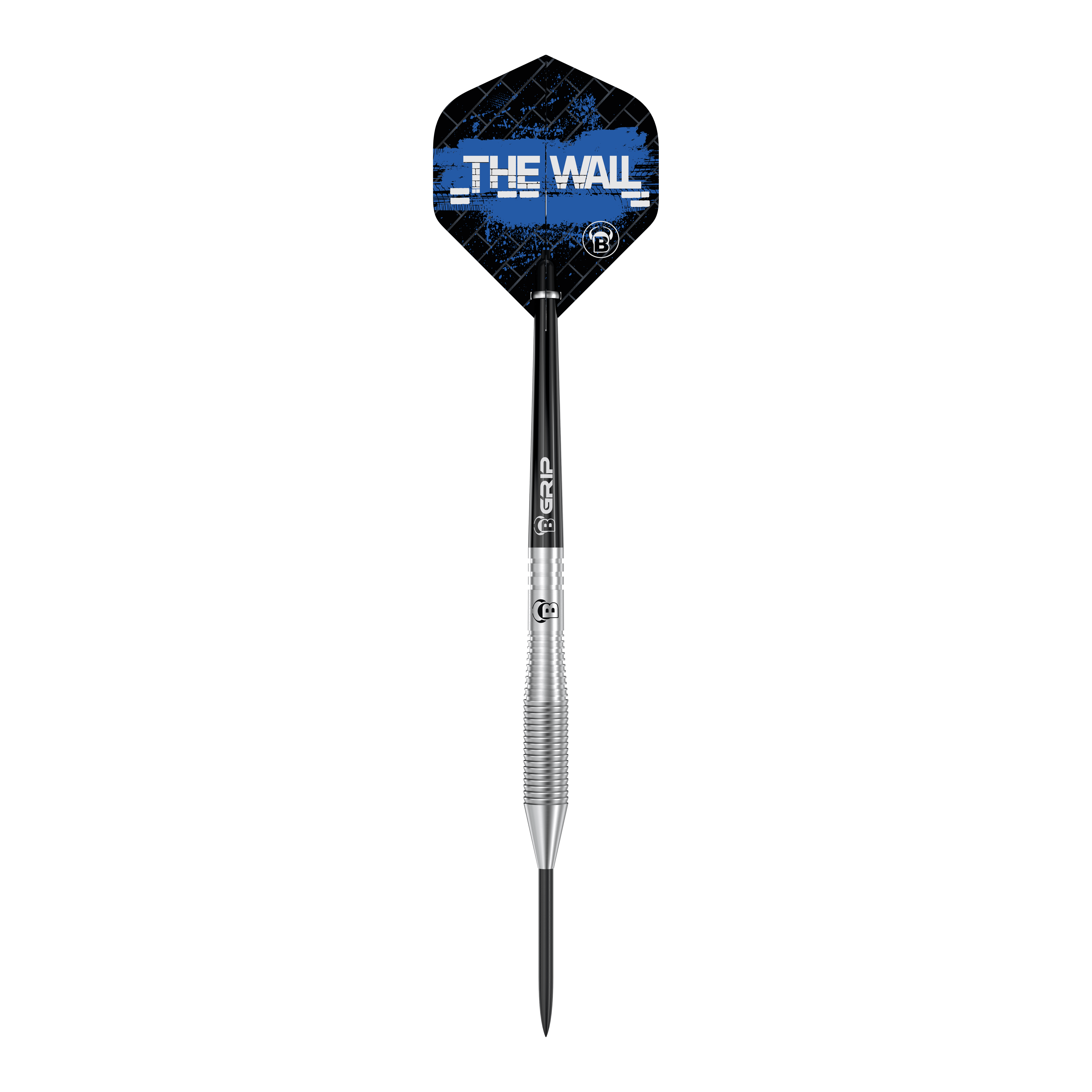 Das Bild zeigt einen Bull's Martin Schindler TW80 Steeldartpfeil. Auf dem Flight steht in weißer Schrift "THE WALL" vor einem blauen Hintergrund.