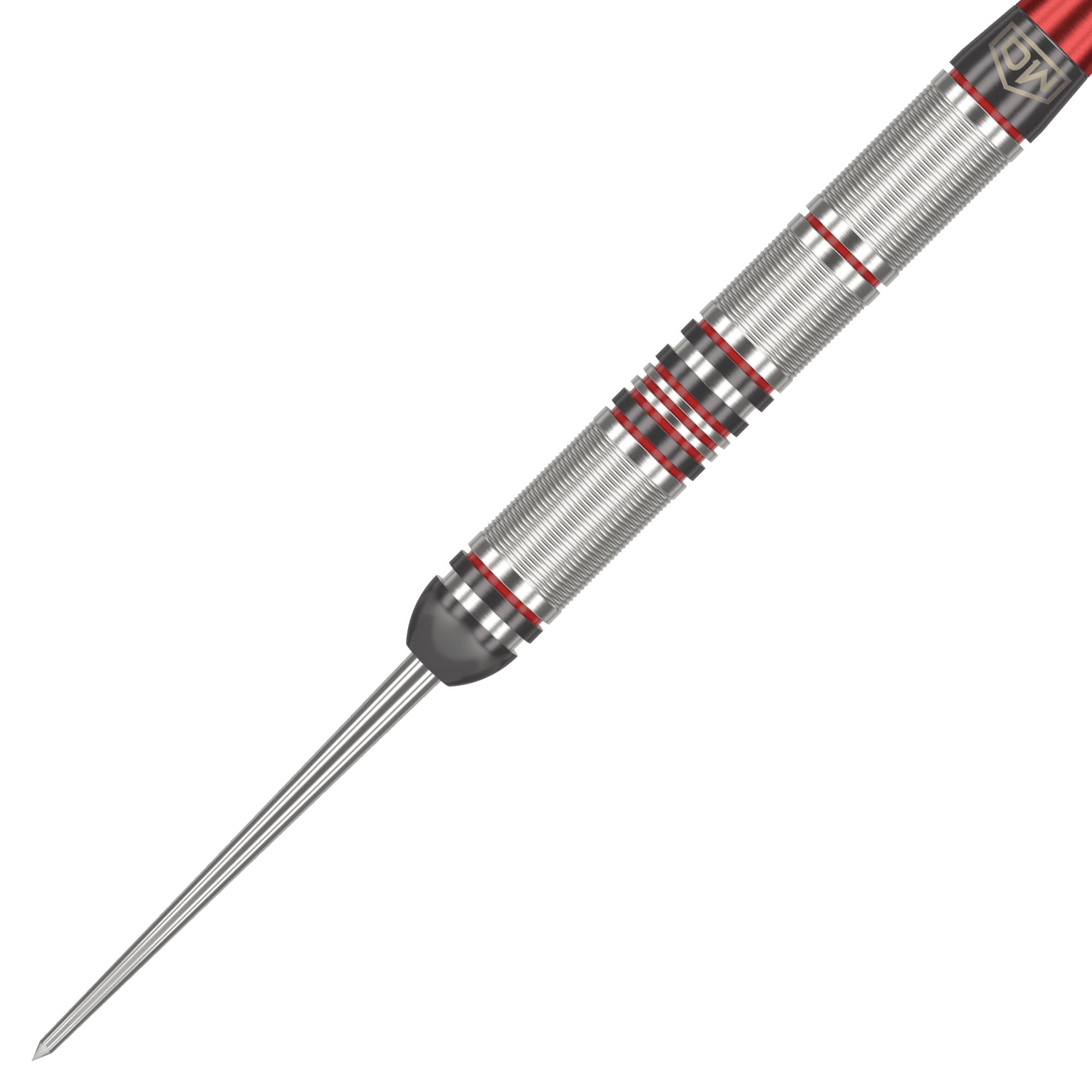 Freccette in acciaio DW Piranha Razor 01 Das Bild zeigt einen DW Piranha Razor 01 Steeldart. Der Dartpfeil ist silbern mit roten Akzenten und hat eine feine Griffstruktur.