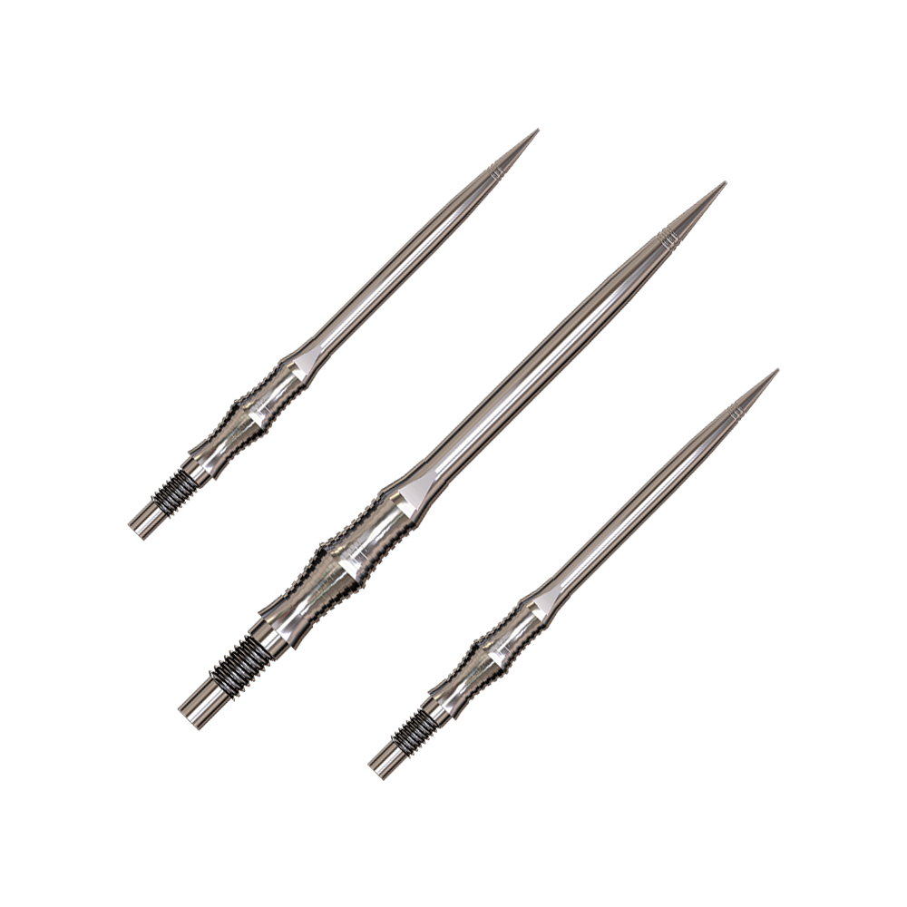 Harrows Quick Point Apex Spire Elite Series Dartspitzen - Silber Ein Set von silbernen Dartspitzen ist auf weißem Grund zu sehen. Die Spitzen sind gerade angeordnet.