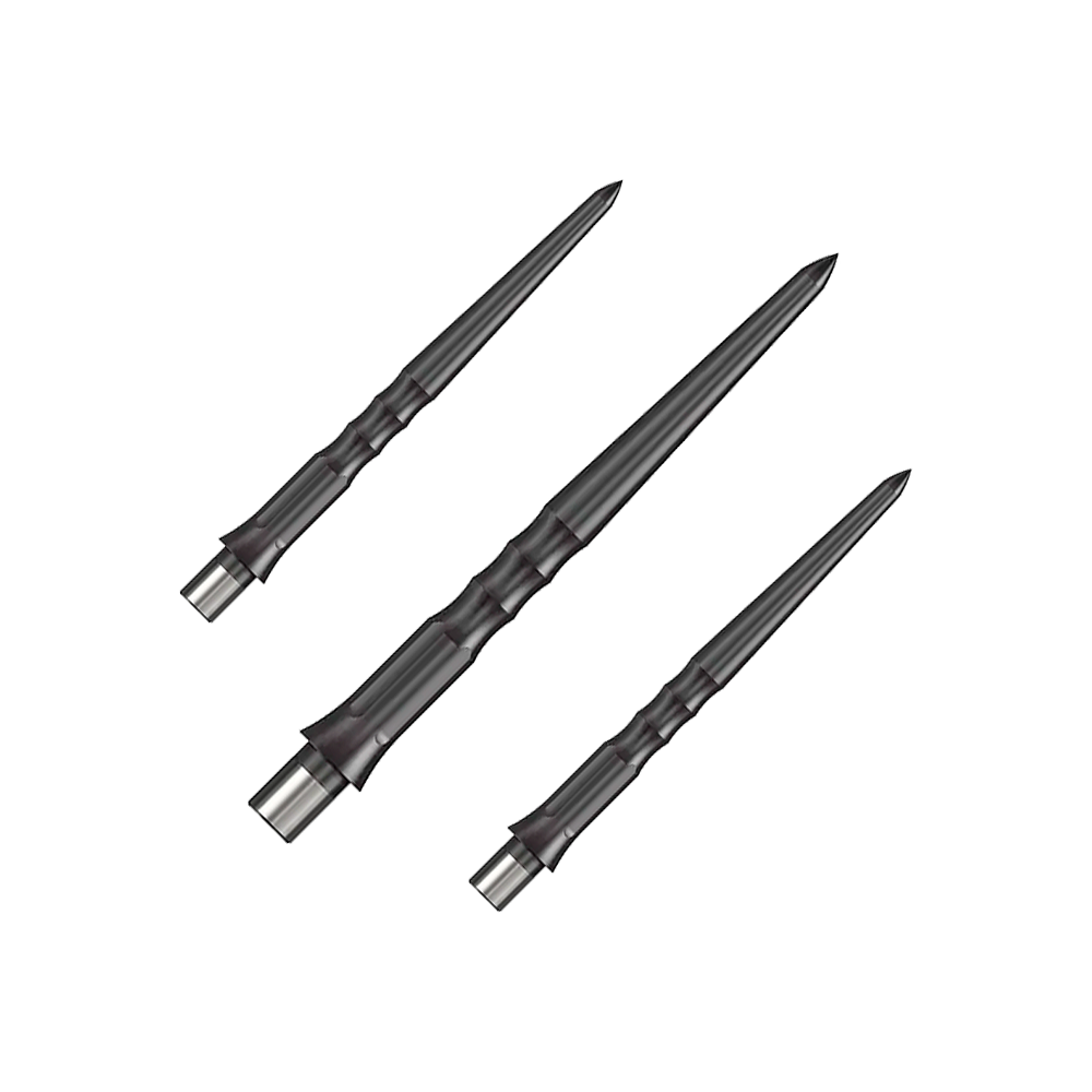 Punte per freccette in acciaio Caliburn System - Ripple - NoLip - Nere Auf dem Bild sind drei schwarze Stahlspitzen für Dartpfeile zu sehen. Sie haben ein geriffeltes Design und sind 28 mm lang.