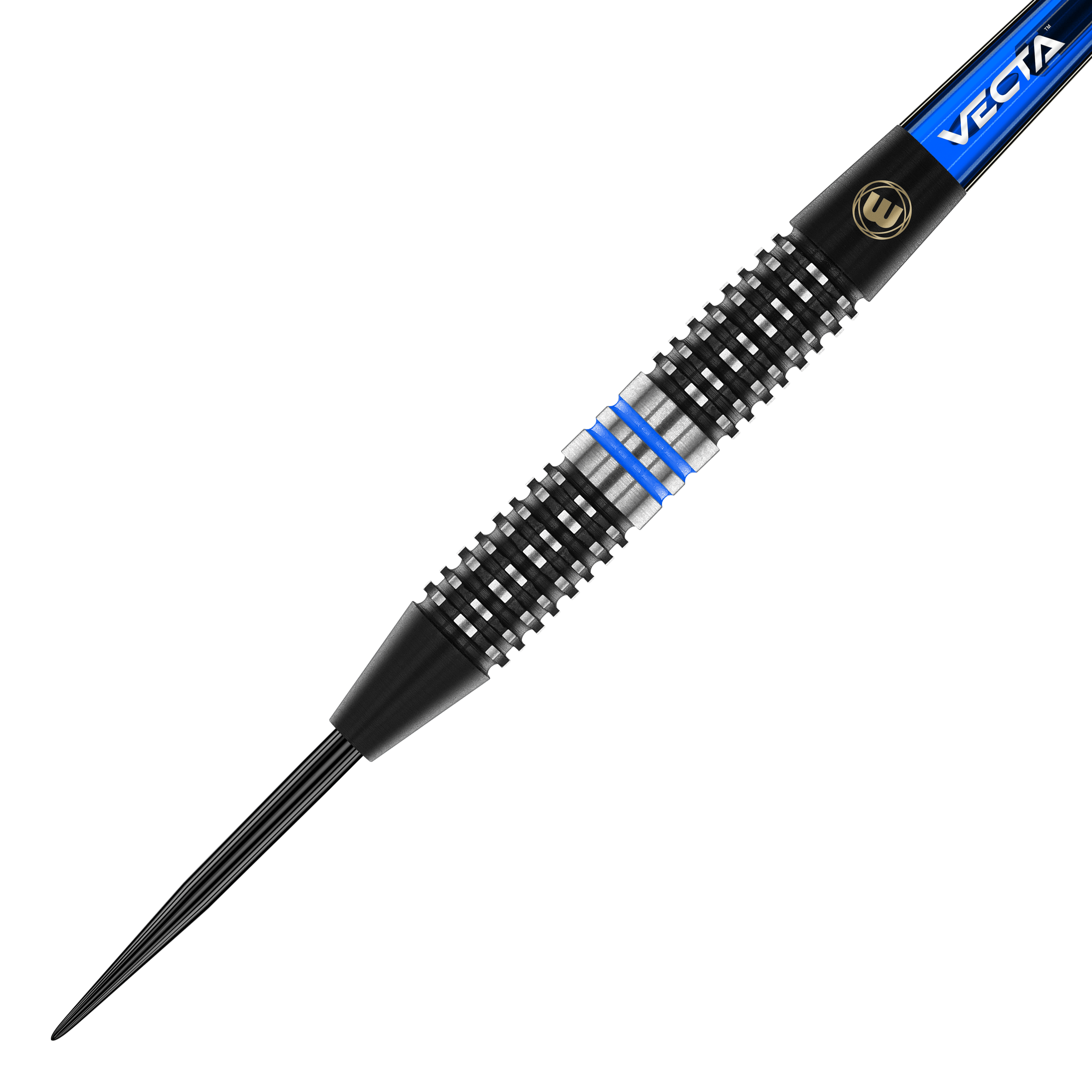 Dardi d'acciaio Winmau Galactics Das Bild zeigt einen Winmau Galactics Steeldart. Der Dart hat ein schwarzes und silbernes Griffstück mit blauen Ringen.