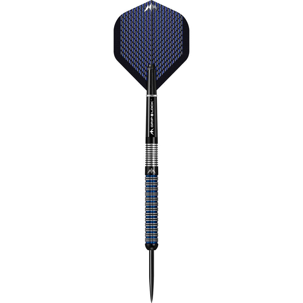 Dardi in acciaio Mission Nightfall Model 1 Das Bild zeigt einen Mission Nightfall Model 1 Steeldart. Der Dart hat ein modernes Design mit schwarzen und blauen Akzenten.