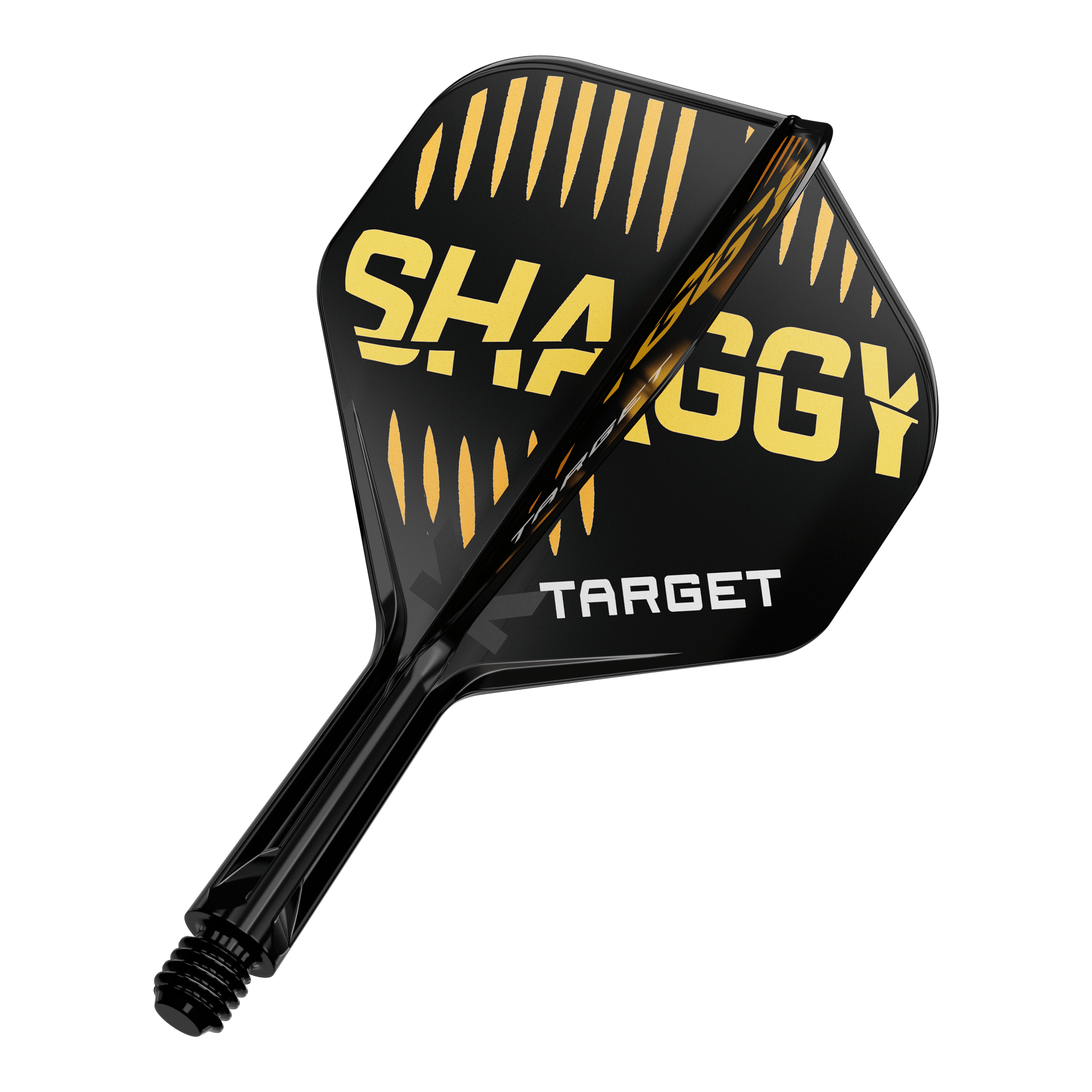 Sistema di alberi di volo standard Target K-Flex Scott Williams No2 Das Bild zeigt eine schwarze Dartflügel mit gelben und weißen Aufschriften. Auf dem Flügel stehen die Worte "SHAGGY" und "TARGET".