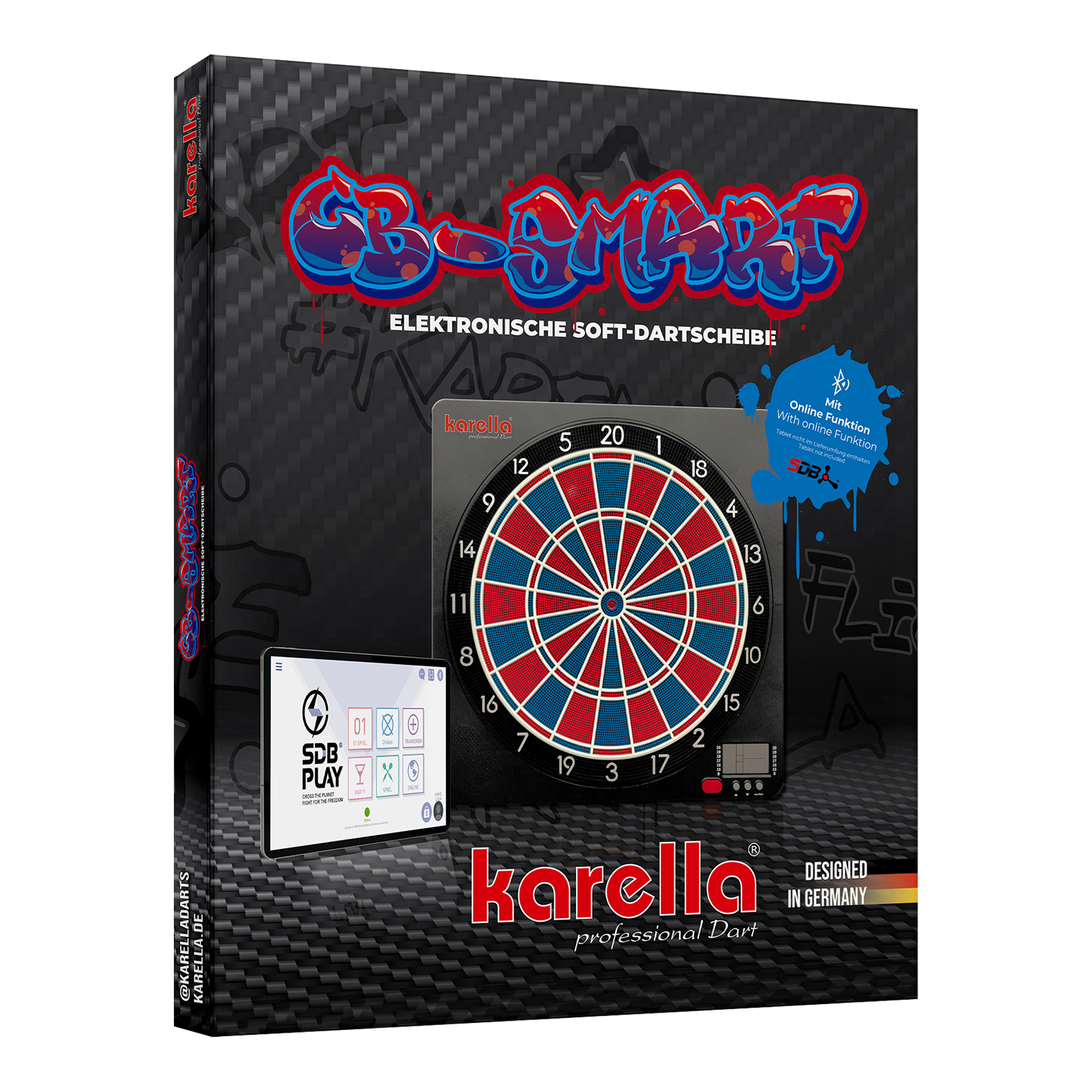 Bersaglio elettronico morbido Karella CB-Smart Die Verpackung zeigt die "Karella CB-Smart Elektronische Soft-Dartscheibe". Auf der Vorderseite sind die Dartscheibe und ein Bedienfeld abgebildet, sowie Hinweise auf die Online-Funktion.