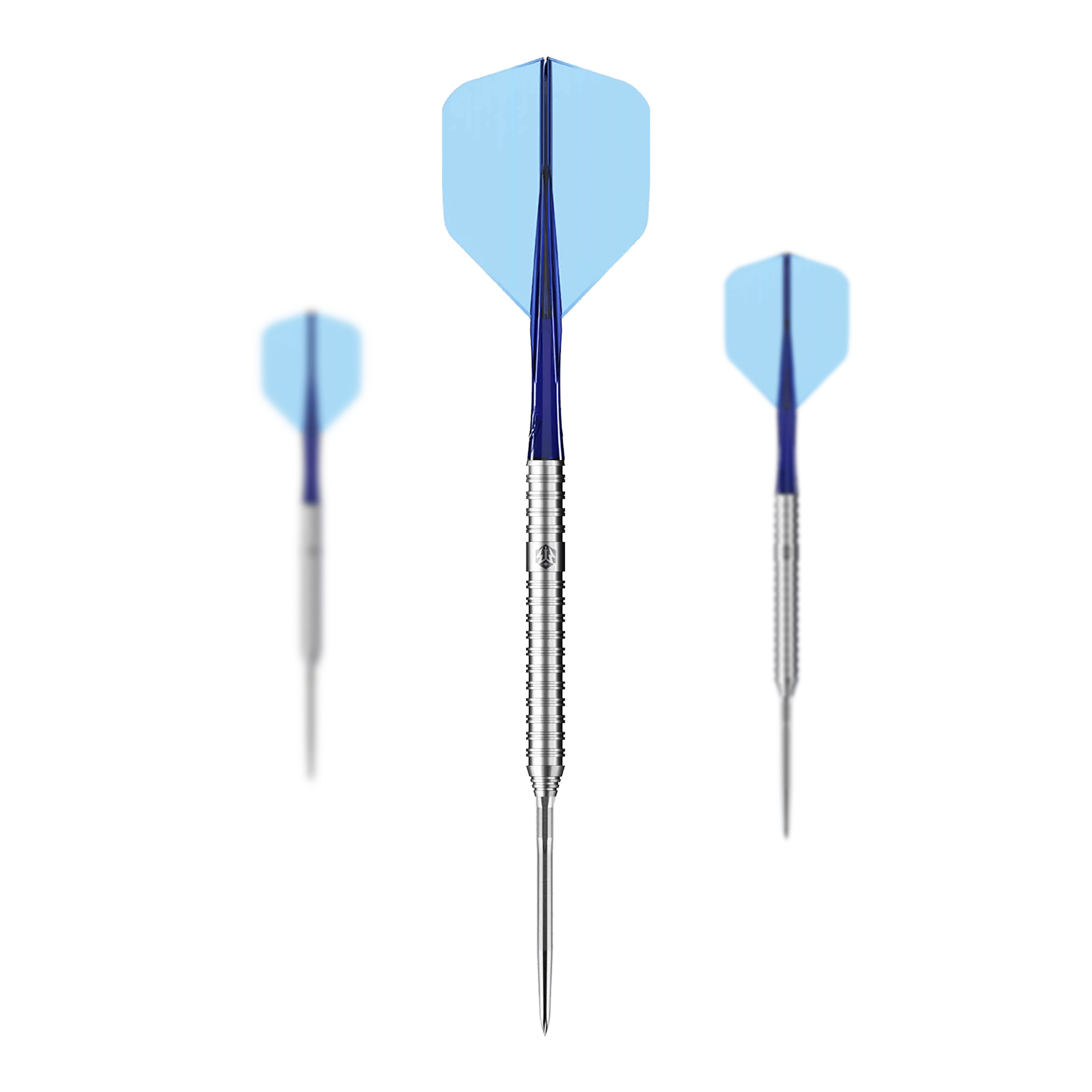 Freccette in acciaio Caliburn Forge F3 - 22 g Das Bild zeigt drei Caliburn Forge F3 Steeldarts mit einem Gewicht von 22g. Die Darts haben blaue Flights und silberne, gerillte Spitzen.