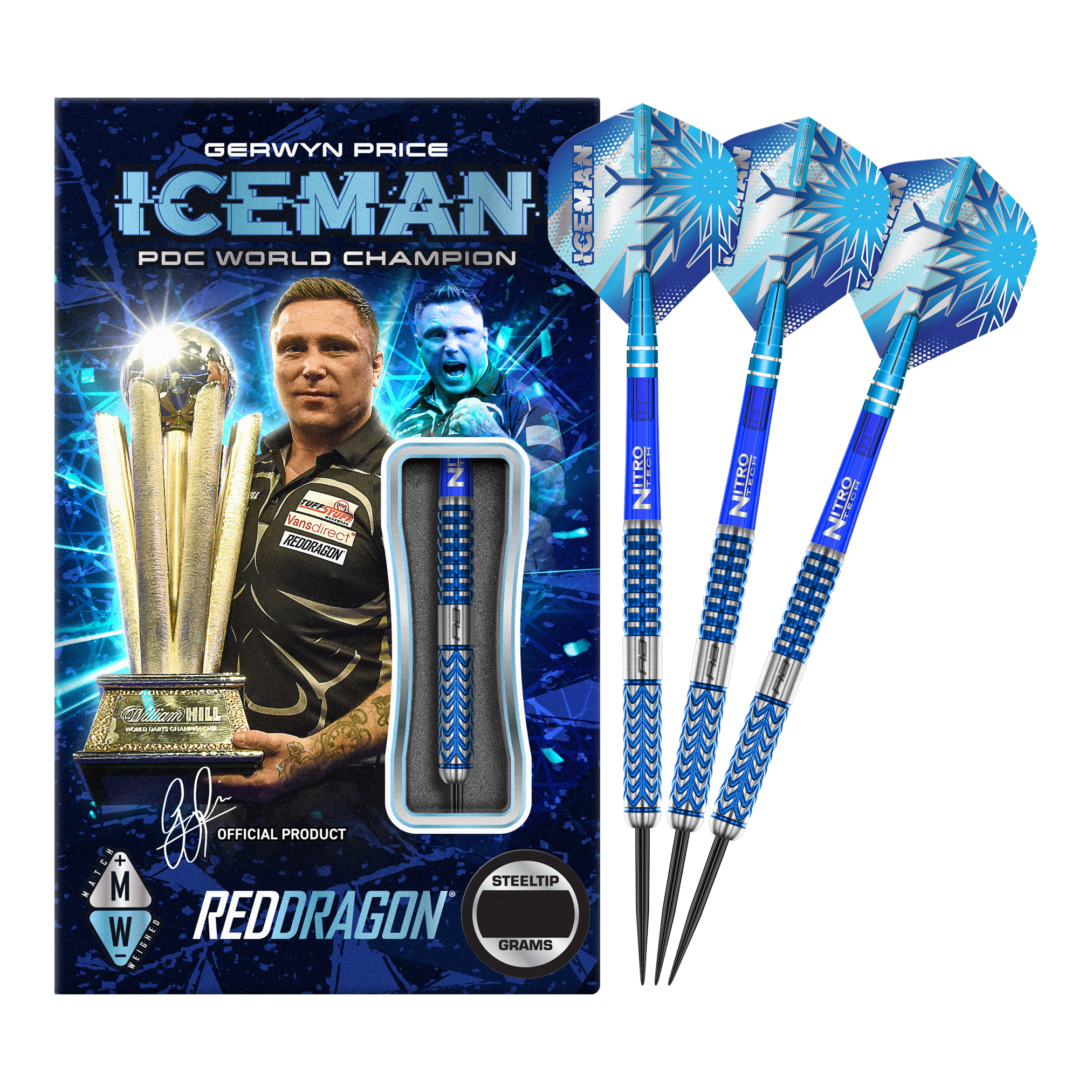 Freccette in acciaio Red Dragon Gerwyn Price Glacier Das Bild zeigt das Produkt "Red Dragon Gerwyn Price Glacier Steeldarts" in einer auffälligen blauen Verpackung mit einem Bild von Gerwyn Price und einer Trophäe. Rechts daneben sind drei blaue Steeldarts mit dem Namen "ICEMAN" auf den Flights zu sehen.