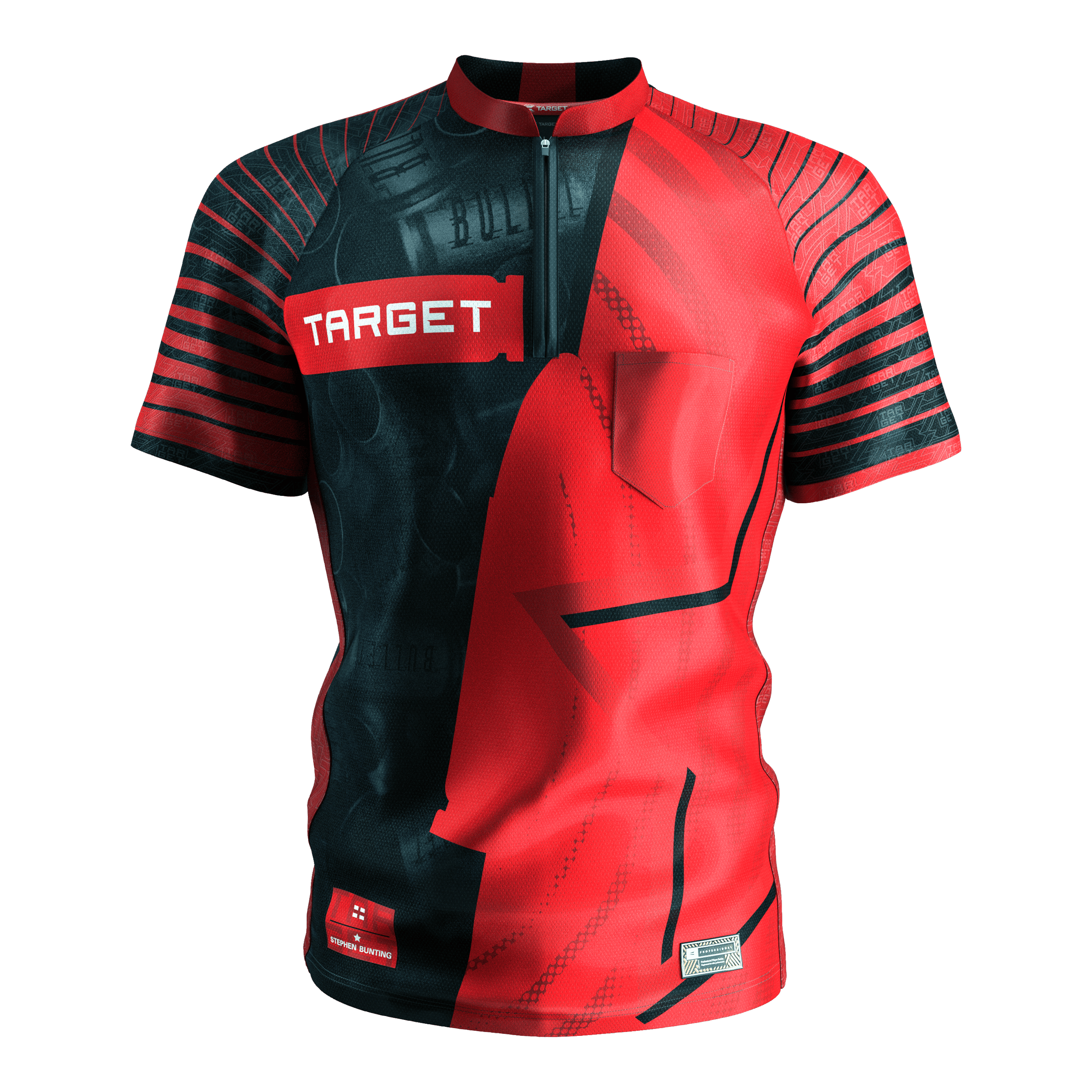 Maglietta da freccette Target Coolplay Stephen Bunting 2025 Das Bild zeigt das Target Coolplay Stephen Bunting 2025 Dartshirt. Das Shirt ist rot-schwarz gestaltet mit auffälligen Streifen und dem weißen "TARGET" Logo auf der Brust.
