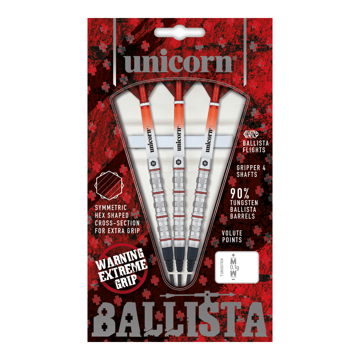Unicorn Ballista Style 4 freccette morbide Das Bild zeigt die „Unicorn Ballista Style 4 Softdarts“ in einer rot-schwarzen Verpackung. Drei Softdarts mit auffälliger Griffstruktur und Zubehör sind sichtbar angeordnet.