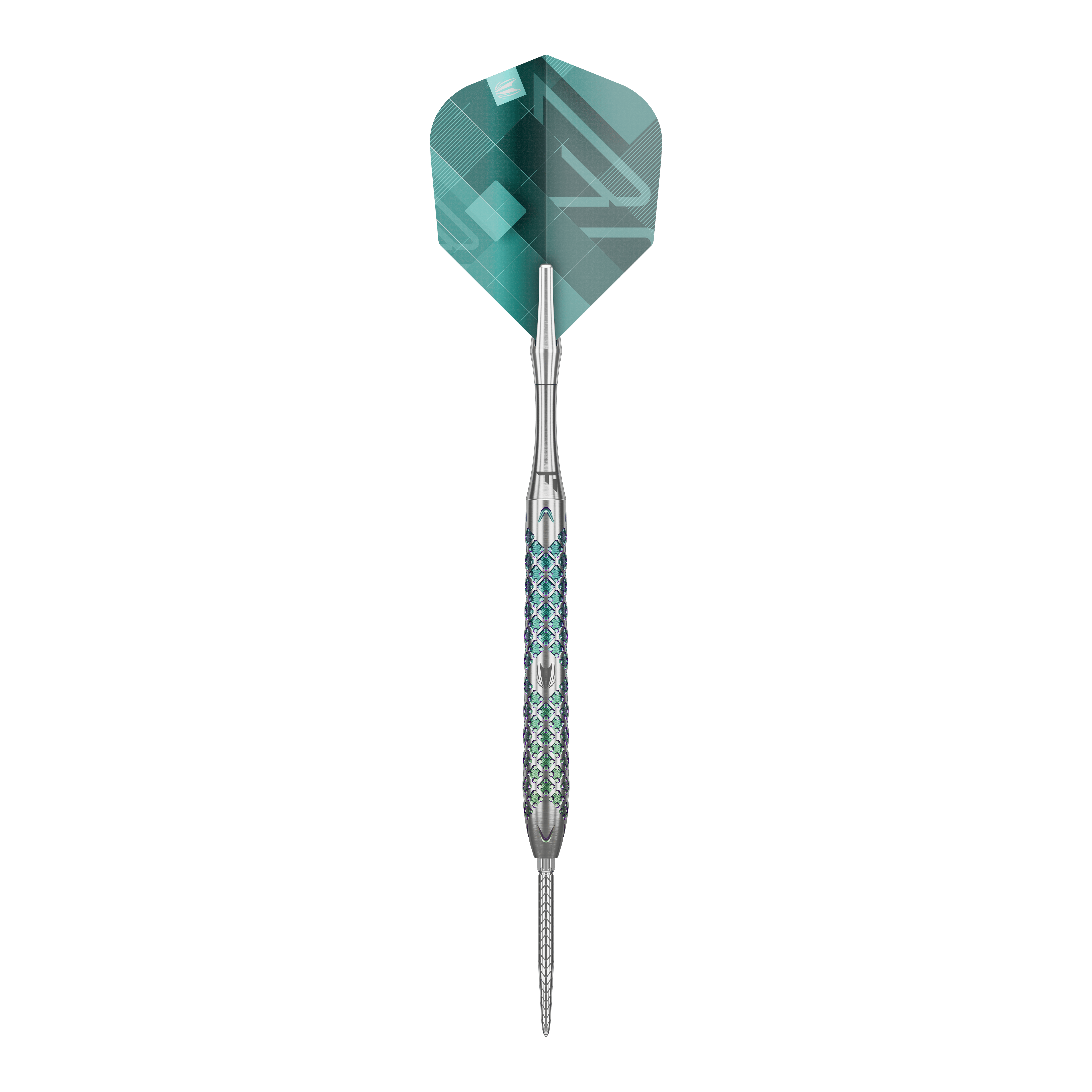 Freccette in acciaio Target Rove 03 Swiss Point Das Bild zeigt einen Target Rove 03 Swiss Point Steeldart. Der Dart hat ein silbernes Metallgehäuse mit blauen Akzenten und eine grüne Flight.