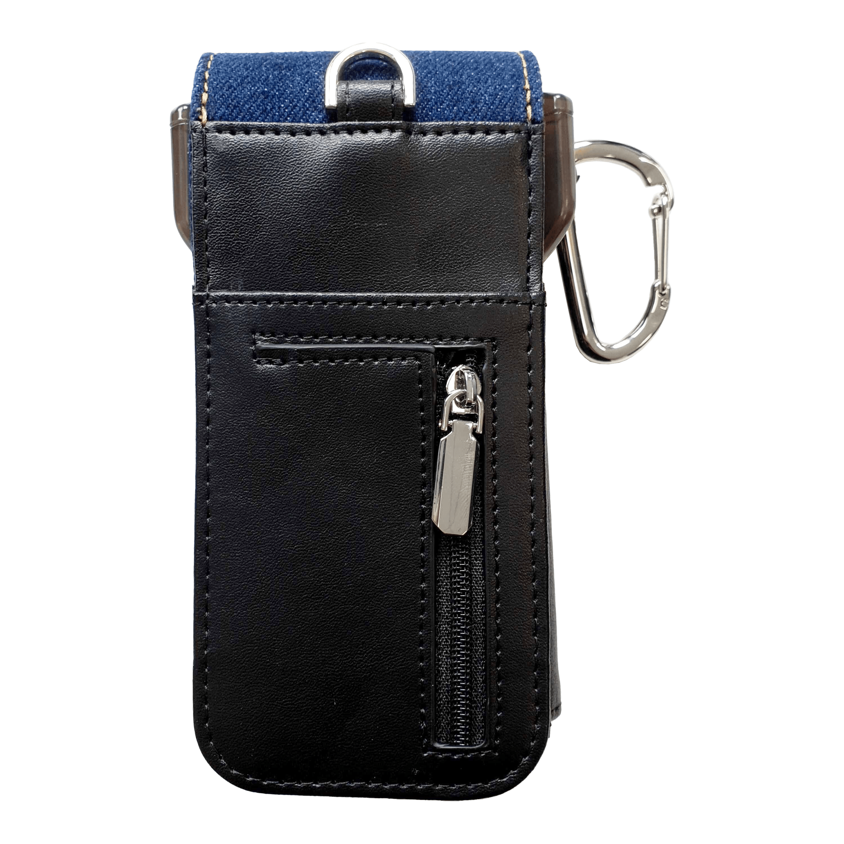 Astuccio per freccette Cameo Acento Denim Das Bild zeigt ein elegantes Dart-Etui aus schwarzem Leder mit einem Reißverschlussfach. Am oberen Rand befindet sich ein Karabinerhaken und ein Einsatz aus dunkelblauem Denim-Stoff.