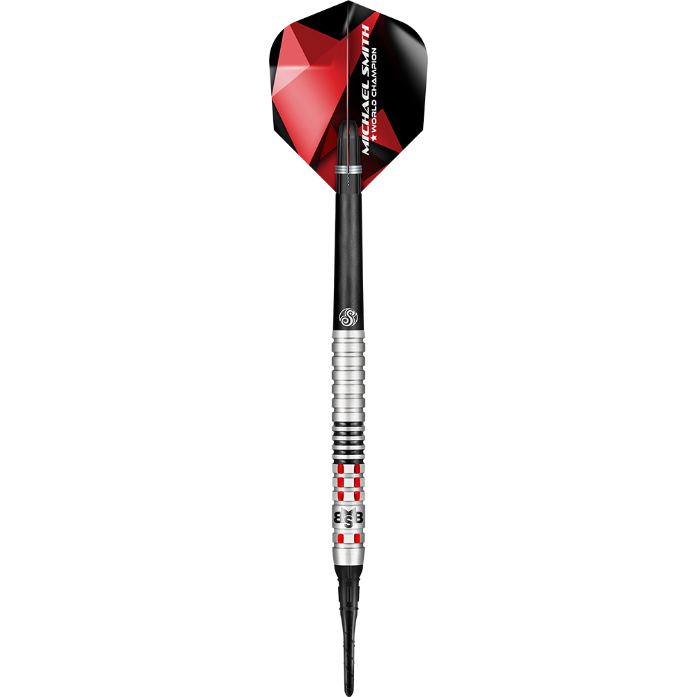 Shoto di Michael Smith Achieve Soft Darts Auf dem Bild ist ein Softdartpfeil mit silbernen und schwarzen Elementen zu sehen. Das Flights ist rot-schwarz und trägt die Aufschrift "Michael Smith World Champion".