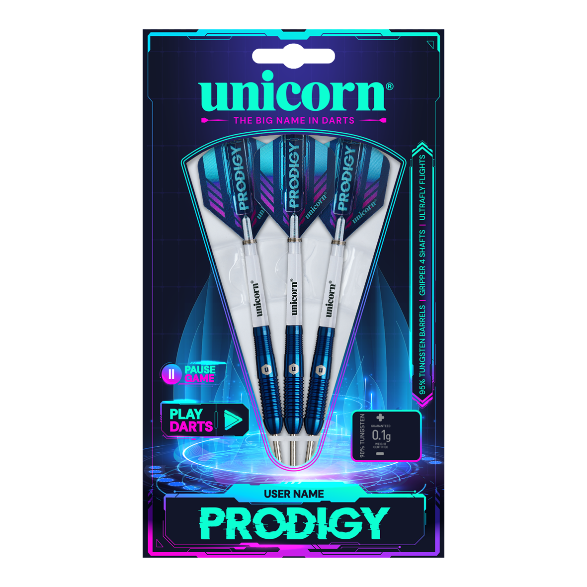 Unicorn Prodigy 02 Torpedo freccette in acciaio Das Bild zeigt eine Packung mit drei Unicorn Prodigy 02 Torpedo Steeldarts. Die Verpackung ist farbenfroh gestaltet und hebt das Produkt und den Markennamen hervor.