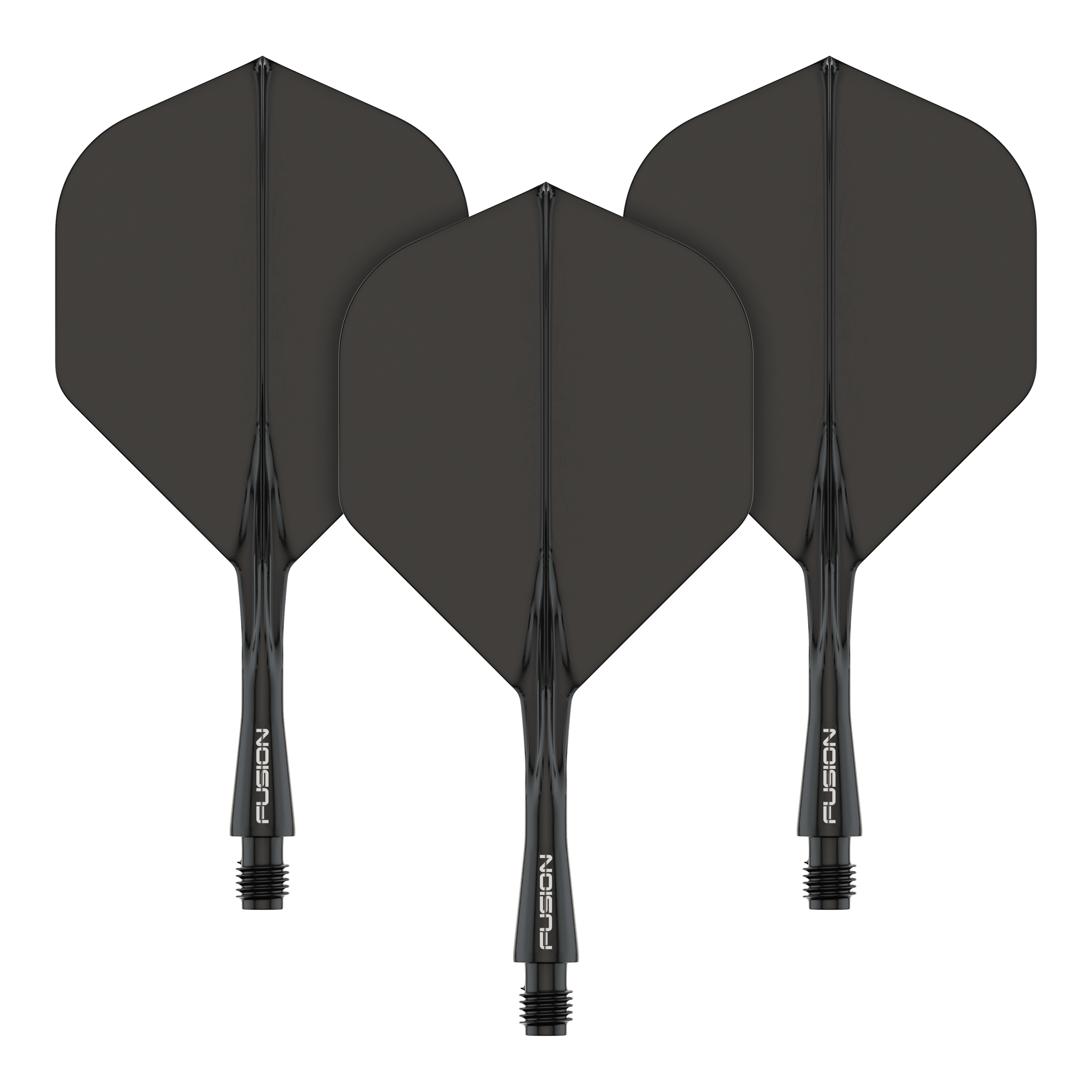 Sistema di alberi di volo Winmau Fusion standard nero Das Bild zeigt drei schwarze Dartflights mit integrierten Schäften. Auf den Schäften steht das Wort "FUSION" in weißer Schrift.