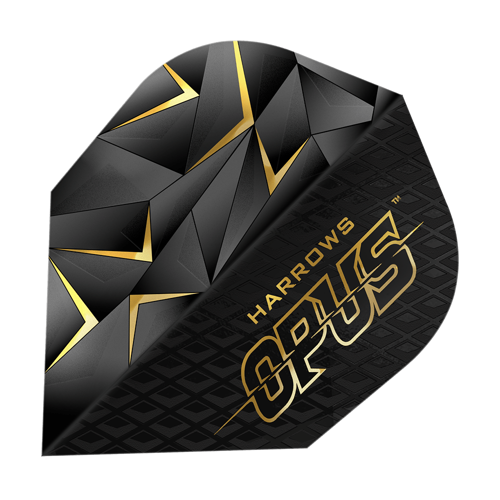 Voli della versione 3 dell'Opus di Harrow Das Bild zeigt ein Harrows Opus Version 3 Flight für Dartpfeile. Das Flight ist schwarz mit goldenen geometrischen Mustern und dem Schriftzug "Harrows Opus".