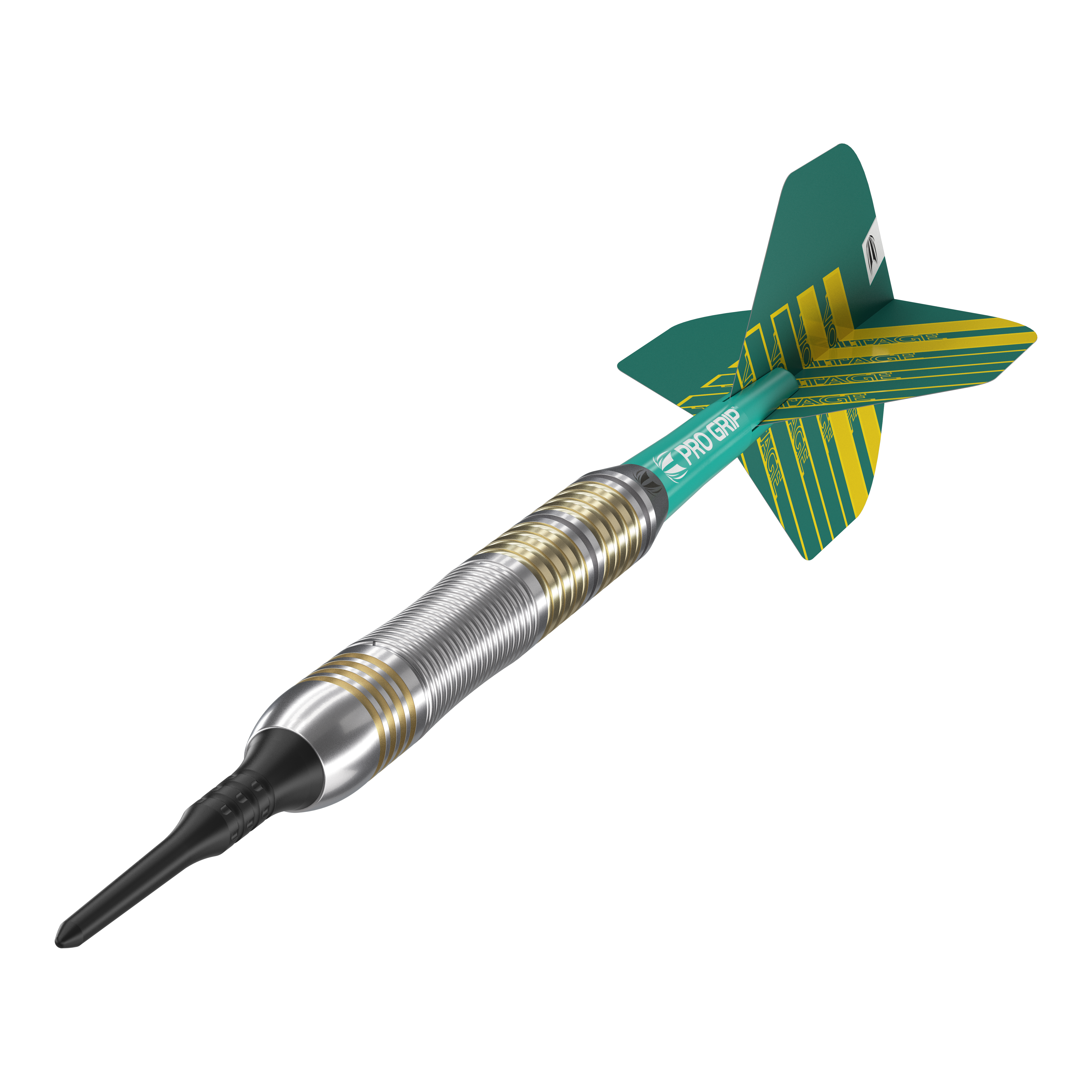 Freccette morbide Target Rob Cross in ottone - 18 g Das Bild zeigt einen Target Rob Cross Brass Softdart mit einem Gewicht von 18 Gramm. Der Dart hat einen silbernen und goldenen Ringgriff sowie grüne Flights mit gelben Streifen.