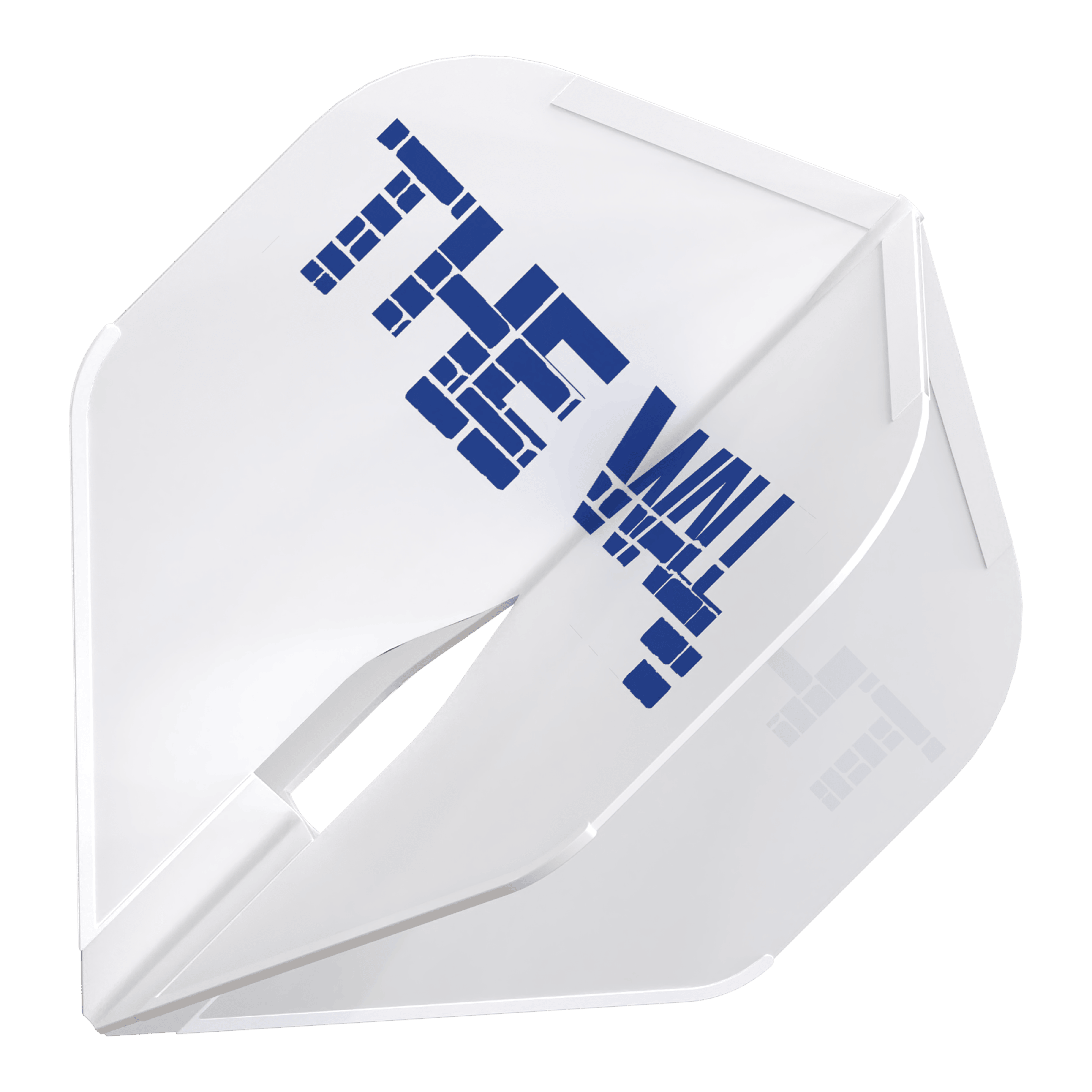Voli L-Style Martin Schindler White L1PRO Das Bild zeigt einen weißen Dartflight mit der Aufschrift "THE WALL" in blauer Farbe. Es handelt sich um das Produkt "L-Style Martin Schindler Weiß L1PRO Flights".