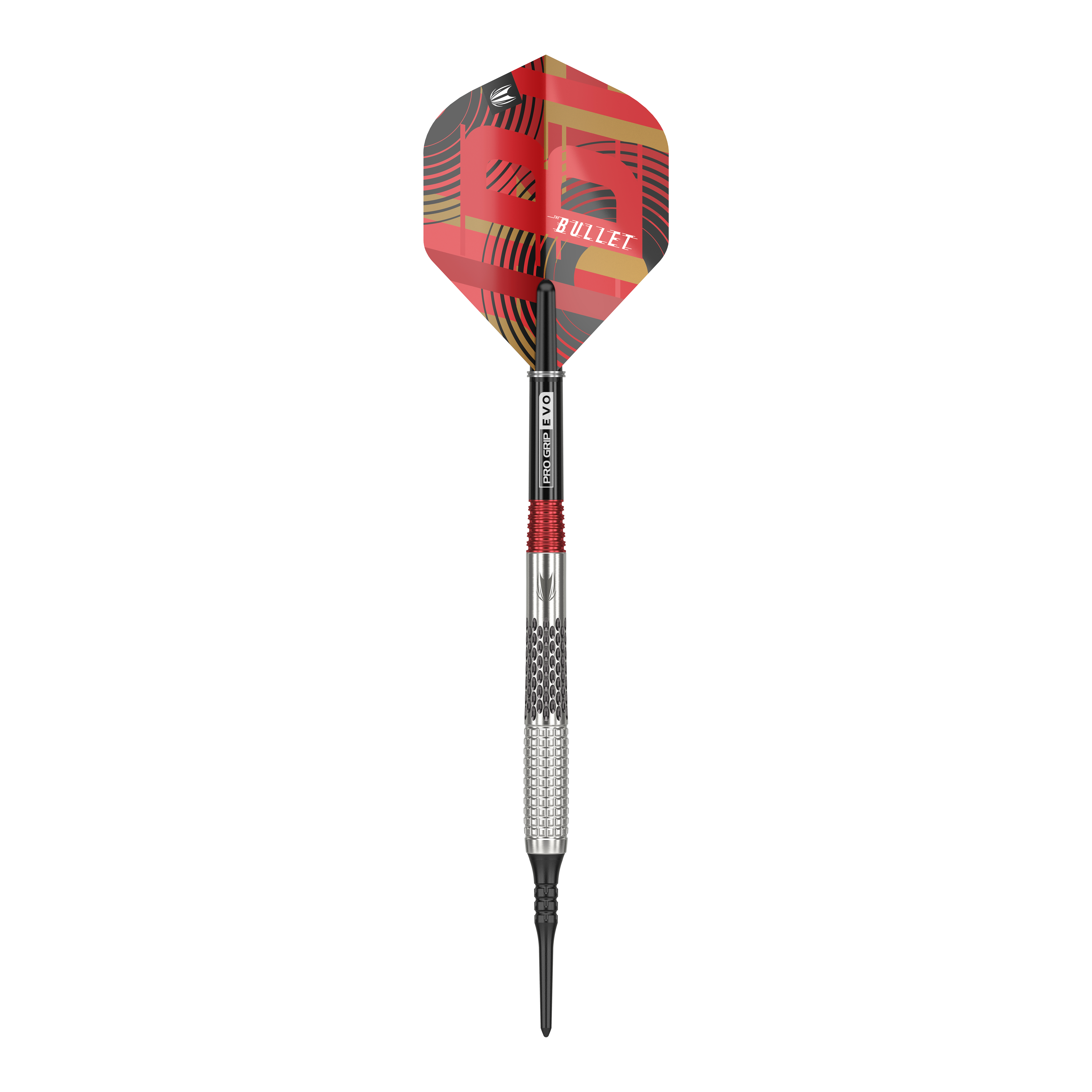 Freccette morbide Target Stephen Bunting GEN5 - 18 g Auf dem Bild ist ein Softdart der Marke Target Stephen Bunting GEN5 mit einem Gewicht von 18 Gramm zu sehen. Der Dart hat ein auffälliges, rot-schwarzes Design mit der Aufschrift "BULLET" auf dem Flight.
