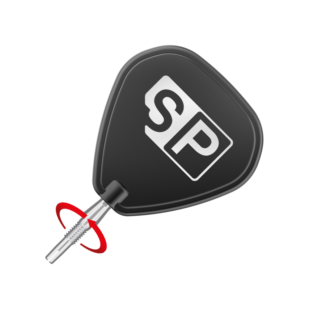 Punte per freccette Target Swiss Storm Diamond Point - Argento Das Bild zeigt eine Dartspitze mit schwarzem SP-Werkzeug zum Einschrauben. Um die Spitze ist ein roter Pfeil zu sehen, der die Drehbewegung anzeigt.