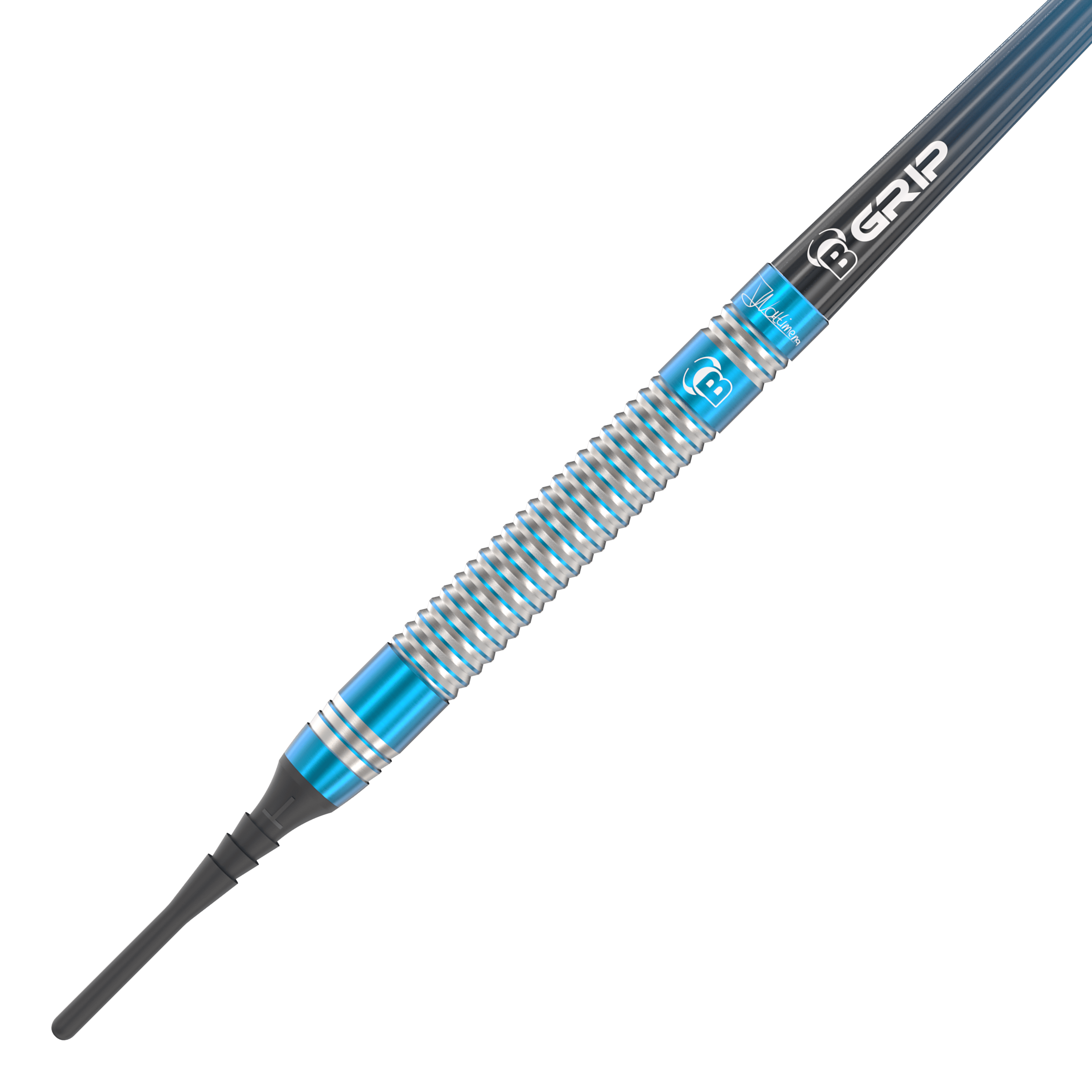 Bulls Jermaine Wattimena Generation 3 Soft Darts - 20 g Das Bild zeigt einen Softdart mit silbernen und blauen Rillen. Auf dem Schaft steht „B GRIP“ und der Dart wirkt hochwertig verarbeitet.