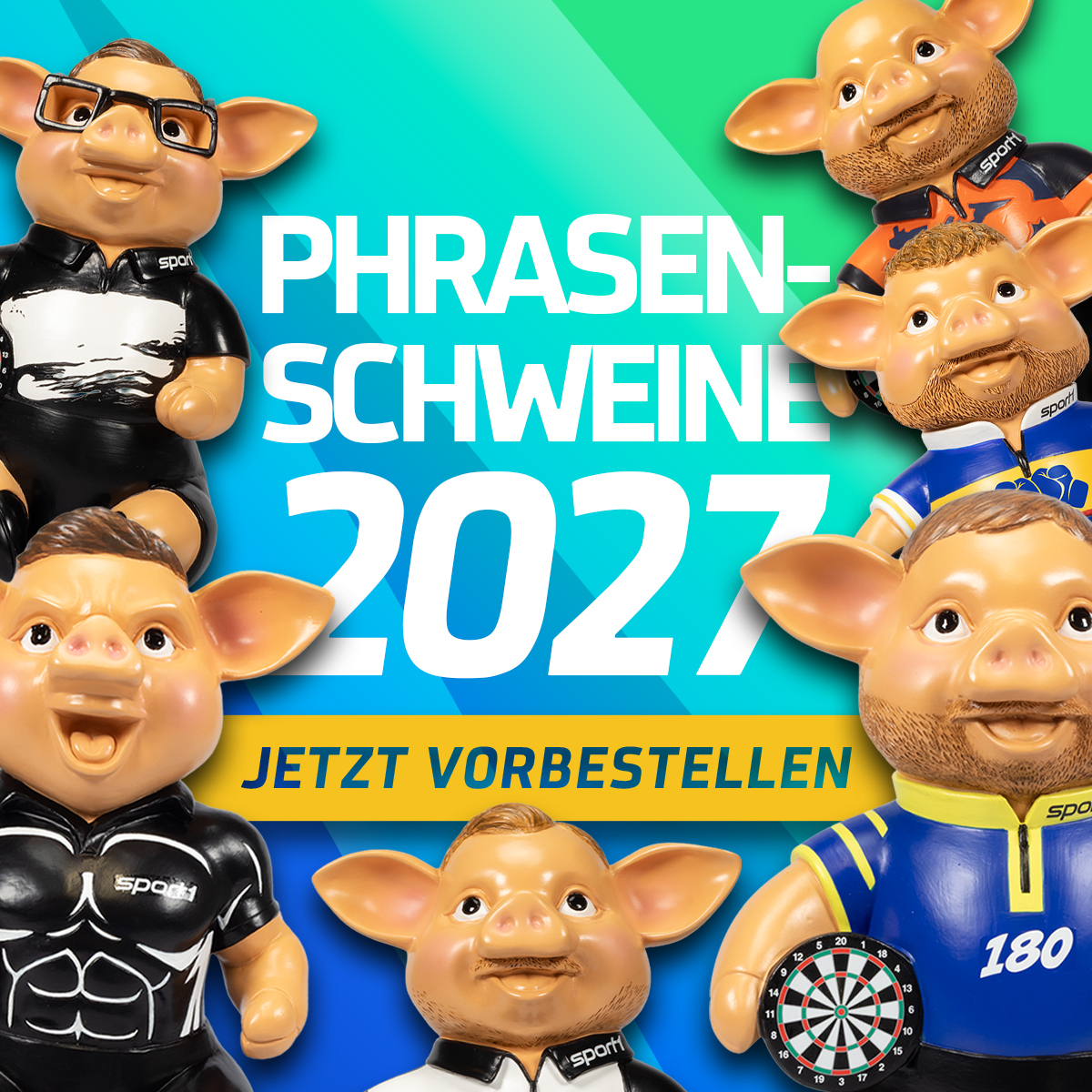 Das Hero-Bild illustriert die Sport1 Phrasenschweine Werbeaktion. Die Farben sind auffällig.