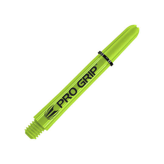 Target Pro Grip Shafts - 3 set - Verde lime Das Bild zeigt einen limegrünen Dart-Schaft mit der Aufschrift "PRO GRIP". Der Hintergrund ist passend in derselben Farbe gestaltet.