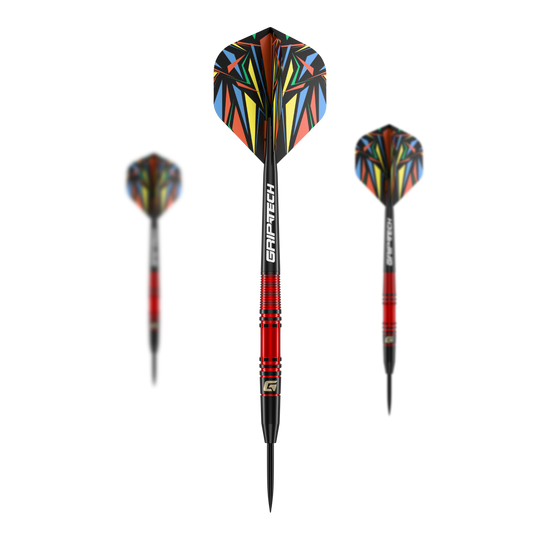 Freccette in acciaio GOAT Athlete in ottone rosso - 11 g Das Bild zeigt den GOAT Athlete Red Brass Steeldart mit einem Gewicht von 11g. Der Dart hat eine auffällige, bunte Flugfeder und einen roten Messingkörper.
