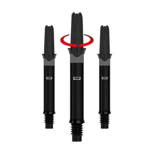 Alberi a L stile L silenziosi e dritti - Nero Das Bild zeigt drei schwarze Dartshafts ohne Kappen. Über dem mittleren Shaft befindet sich ein roter Pfeil, der eine Drehbewegung anzeigt.
