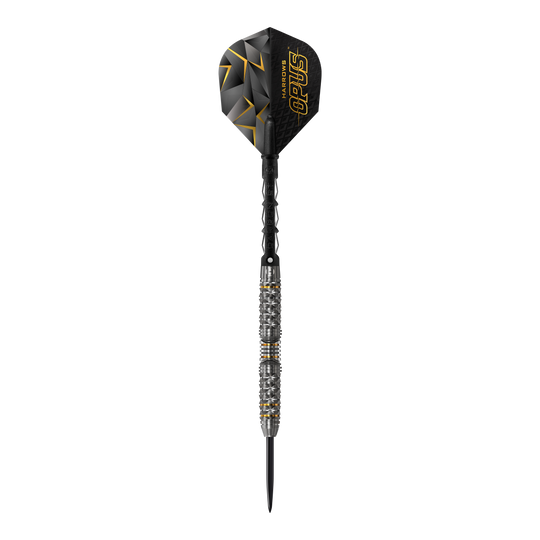 Freccette d'acciaio Harrows Opus Das Bild zeigt einen Harrows Opus Steeldart. Der Dartpfeil ist schwarz mit silbernen und goldenen Akzenten und hat eine strukturierte Oberfläche.