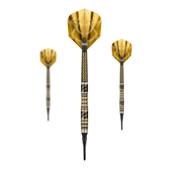 Freccette morbide Shot Alchemy Auro - 20 g Abgebildet sind die Shot Alchemy Auro Softdarts mit 20g Gewicht. Der Fokus liegt auf dem Design und der Verarbeitung der Softdarts.