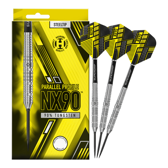 Freccette in acciaio a punta rapida parallela Harrows NX90 Abgebildet sind die Harrows NX90 Parallel Quick Point Steeldarts. Diese Darts sind bekannt für ihre Präzision und ihr paralleles Barrel.