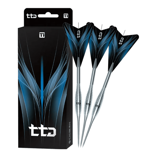 Caliburn TTD Complete Titanium T2 Silver Steeldarts - 6g Das Bild zeigt die vollständigen Caliburn TTD Complete Titanium T2 Silver Steeldarts mit 6g Gewicht. Detailliertes Titan-Design sorgt für ein hochwertiges Aussehen.