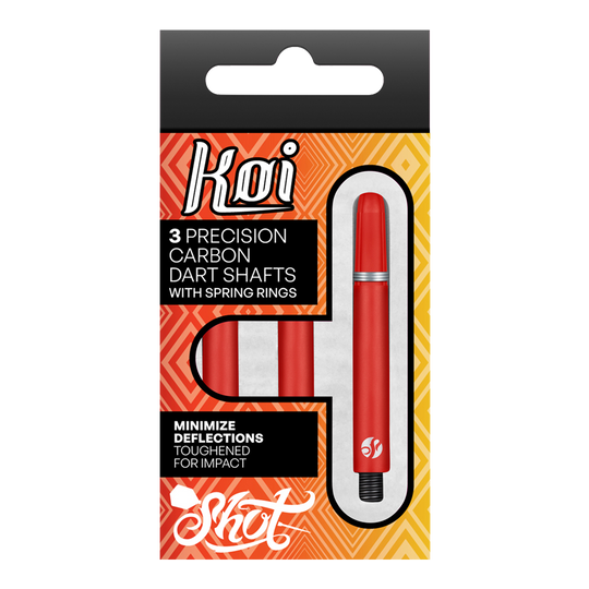Shot Koi Carbon Shafts - Rosso Die Verpackung zeigt drei präzise Koi Carbon-Dartschäfte in Rot. Sie sind für minimale Ablenkung und hohe Schlagfestigkeit ausgelegt.